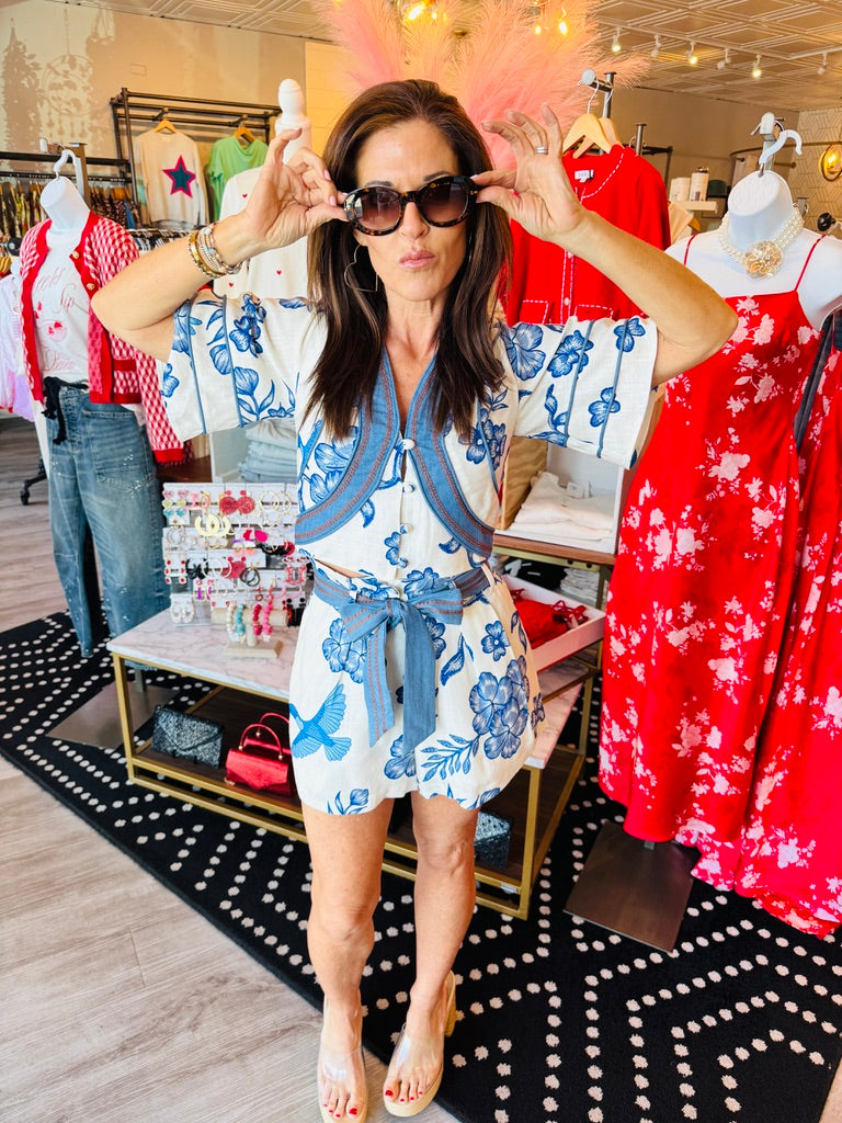 AYLAYA GRACE PRINTED DENIM BELT SHORTS