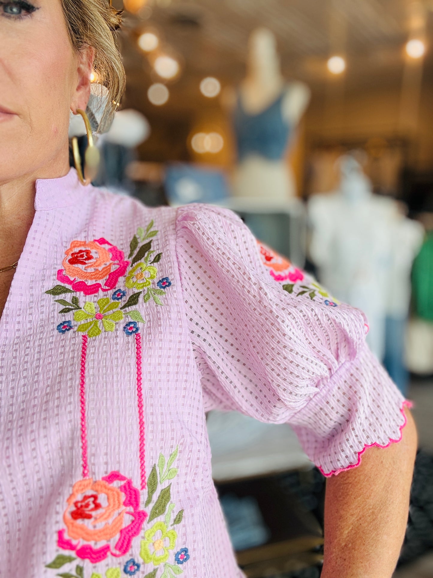 THML FLOWER EMBROIDERED STRIP TOP