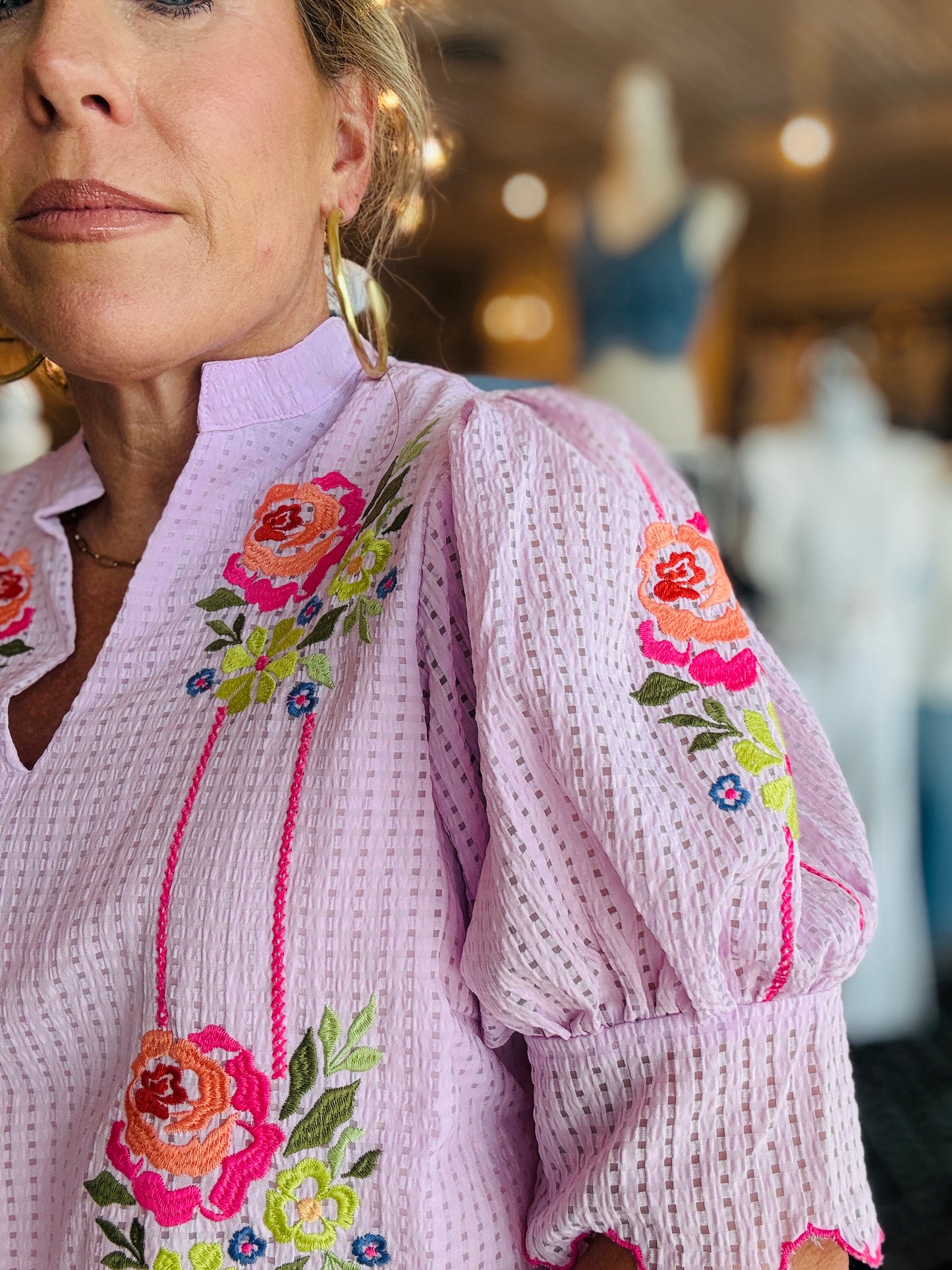 THML FLOWER EMBROIDERED STRIP TOP