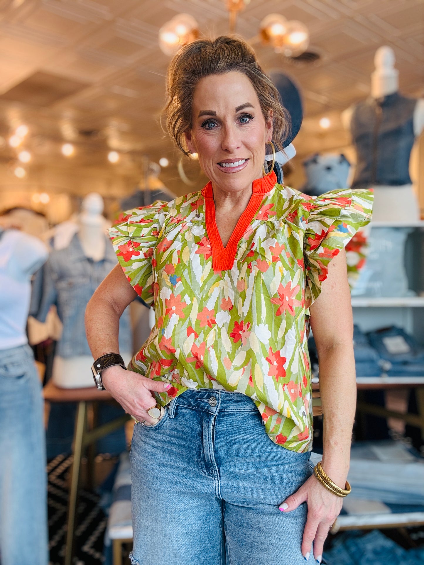 THML FLUTTER SLV FLORAL PRINT TOP