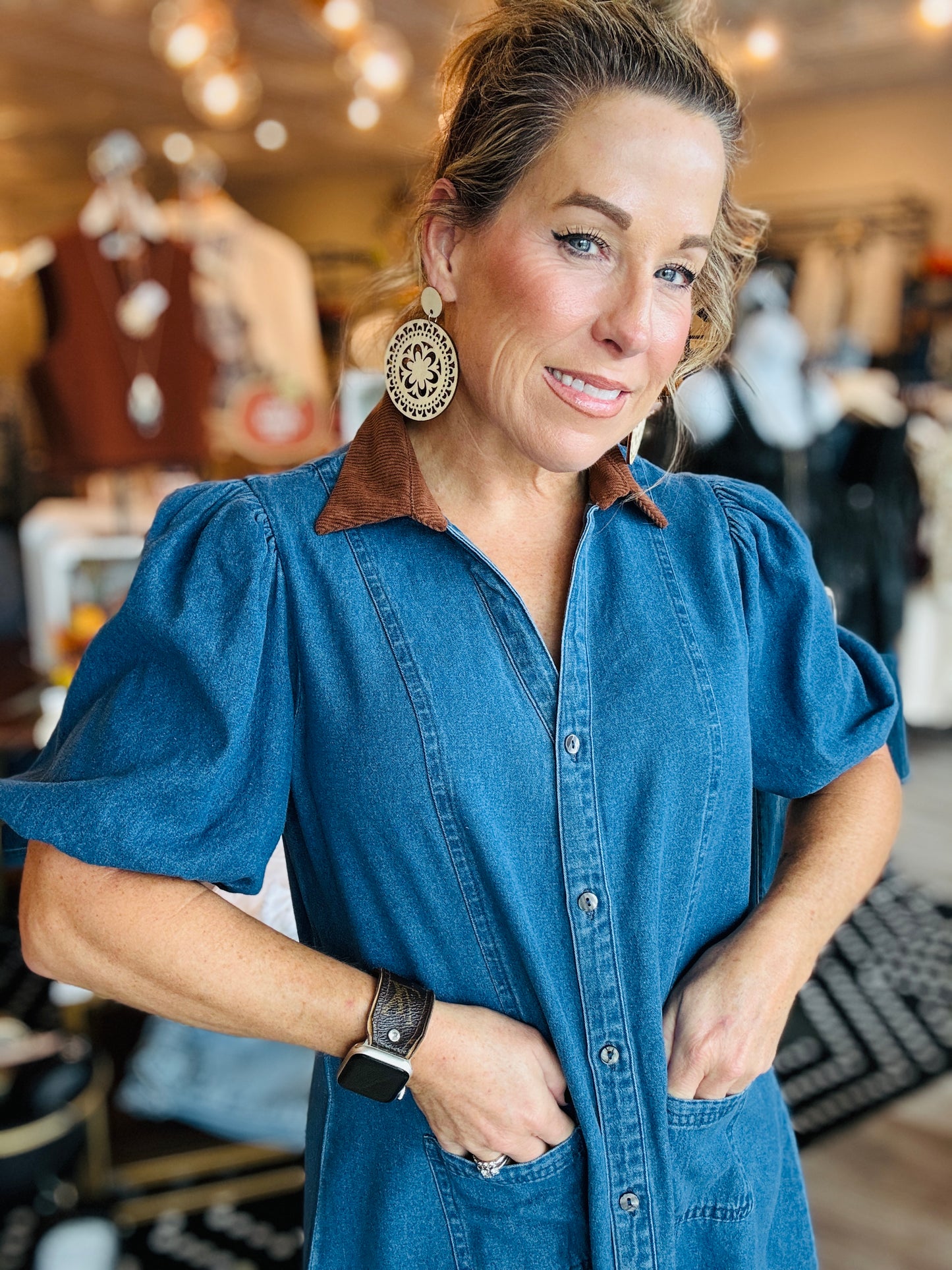 THML CORDUROY COLLAR DENIM DRESS