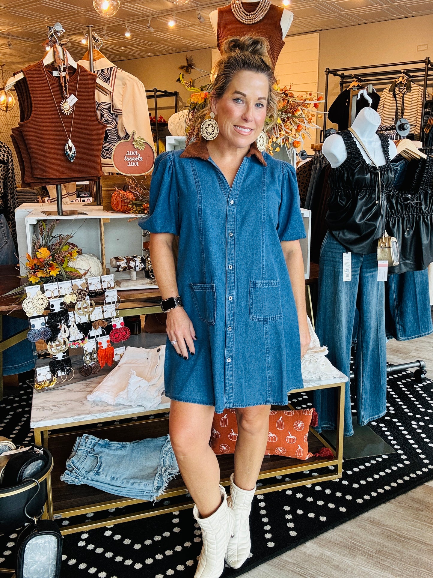 THML CORDUROY COLLAR DENIM DRESS