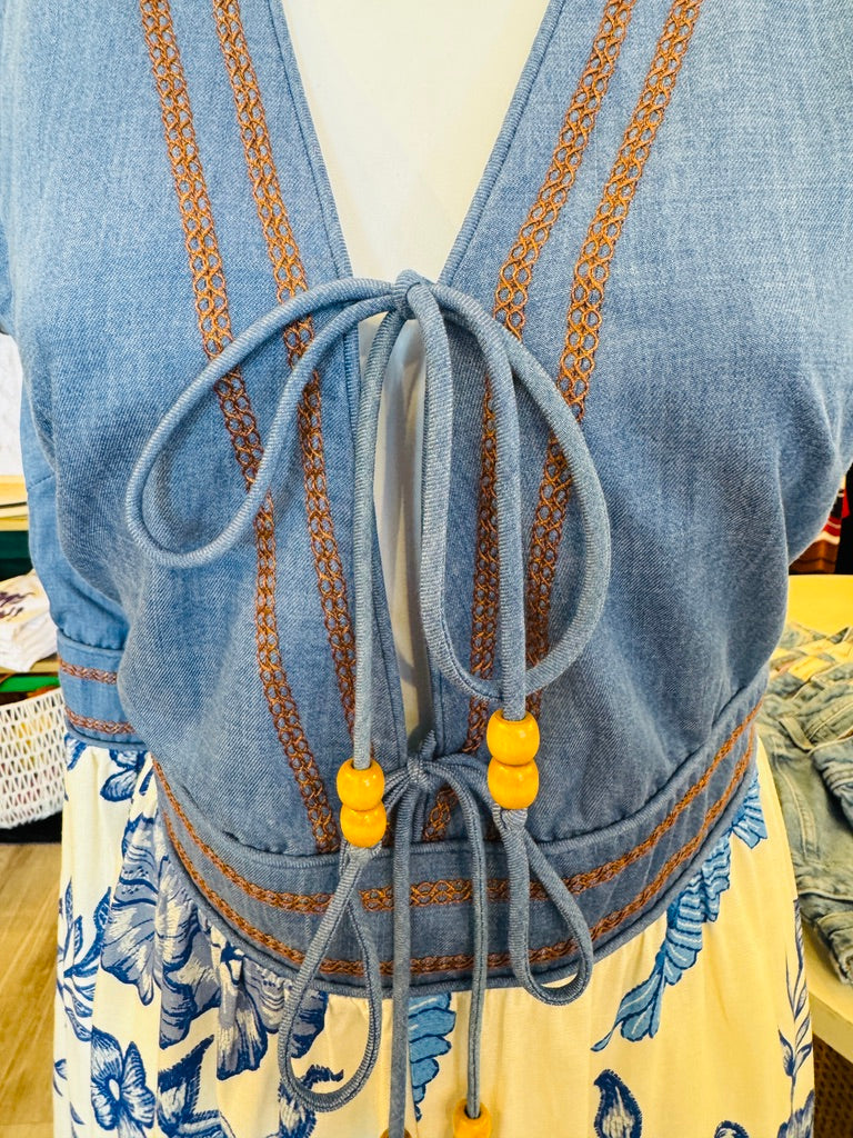 AUBREY PRINTED PATCHWORK DENIM MIDI DRESS