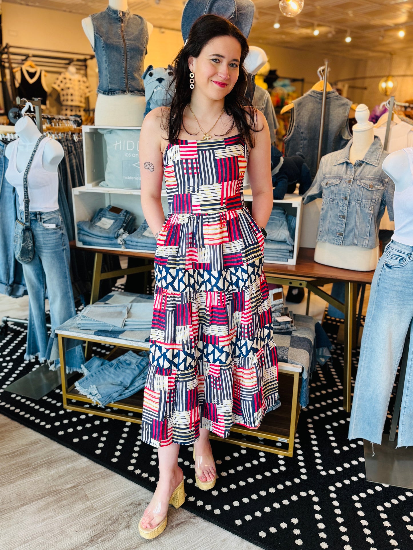 TIERED TANK MULTI STRIPED MIDI DRESS