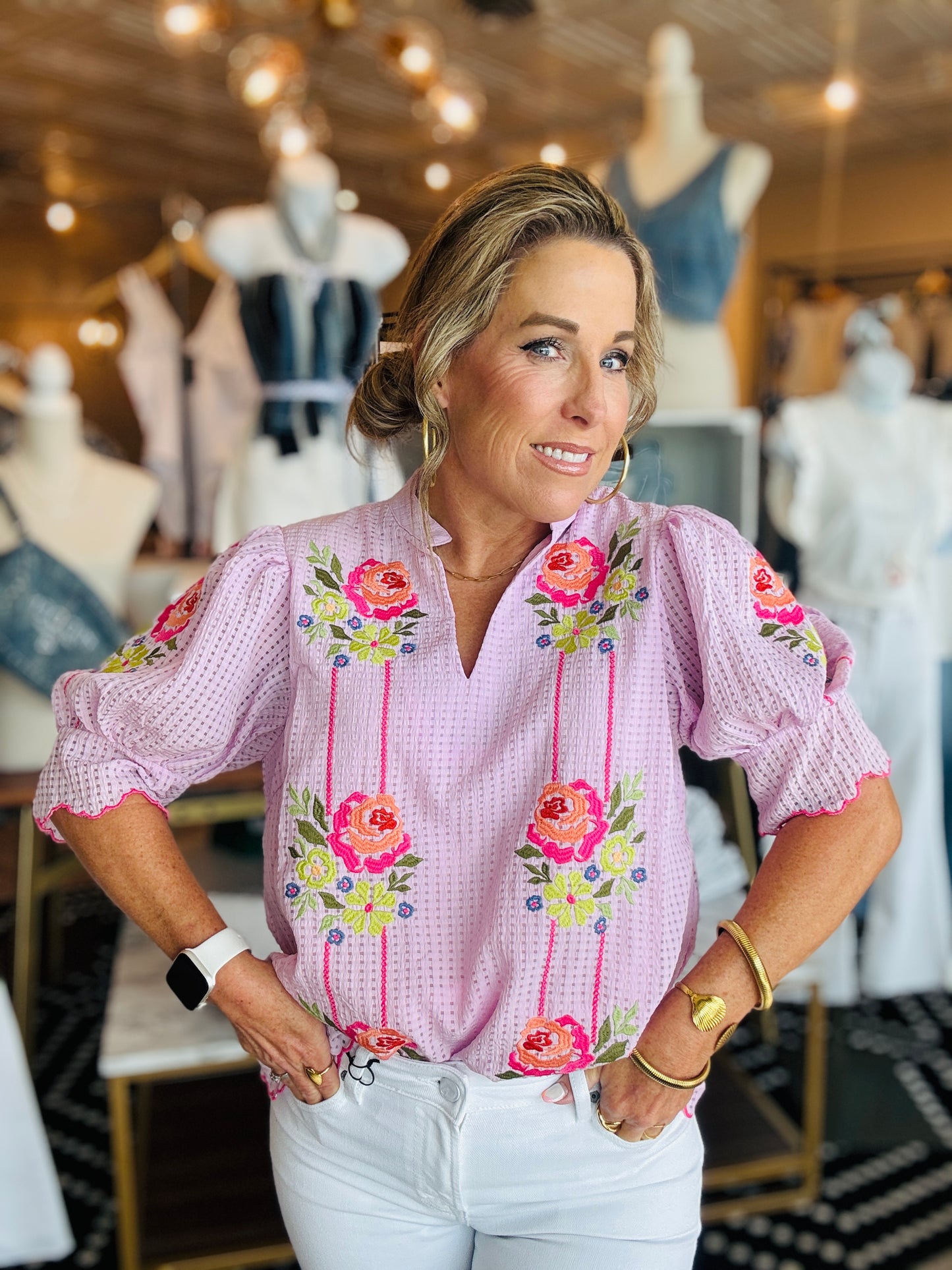 THML FLOWER EMBROIDERED STRIP TOP