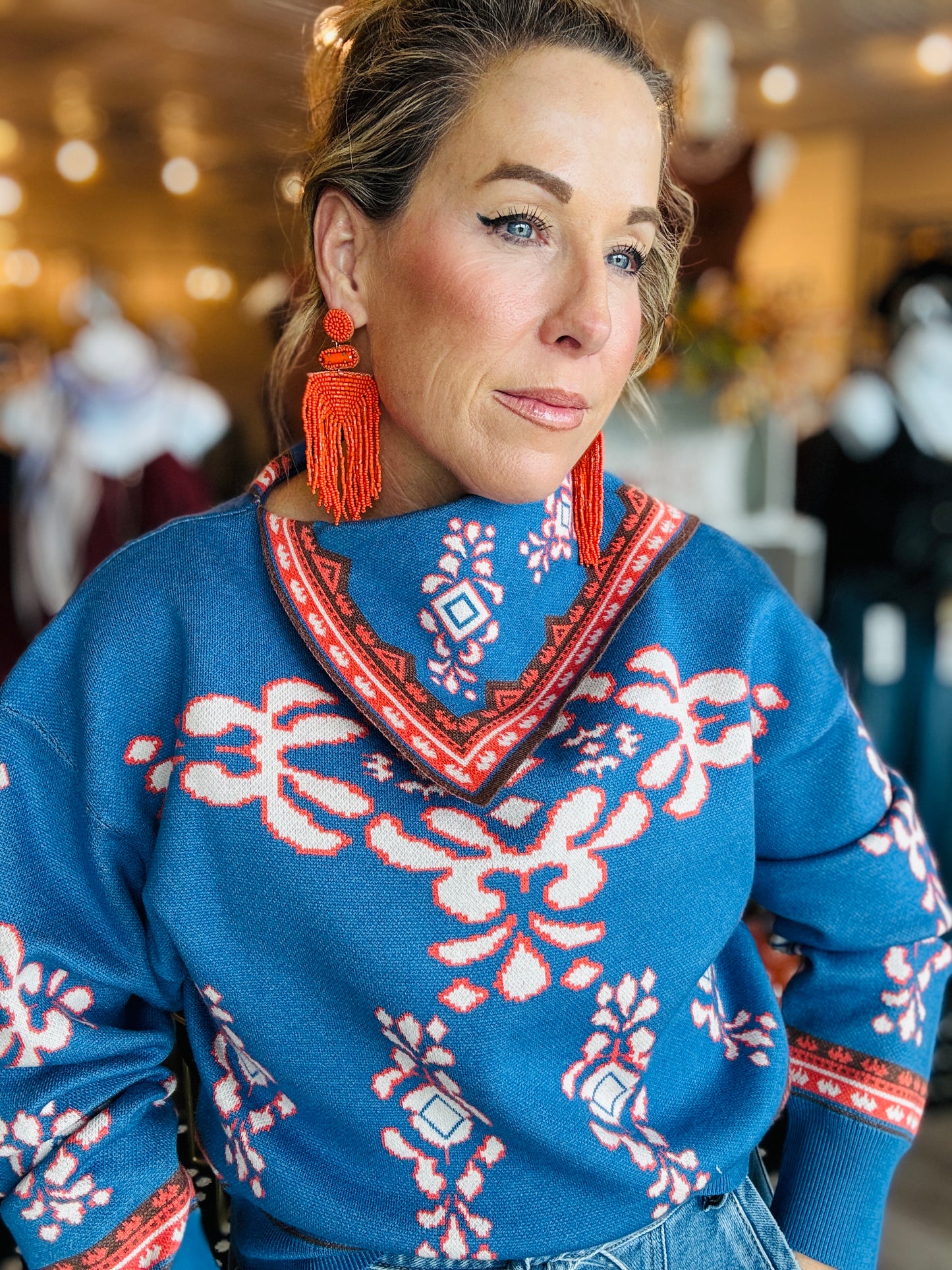 ABSTRACT PRINT FOLD COLLAR SWEATER