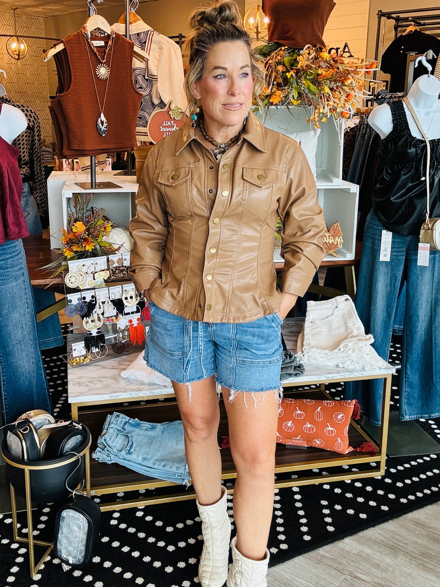 CINCHED SLV FAUX LEATHER PEPLUM SHIRT JACKET