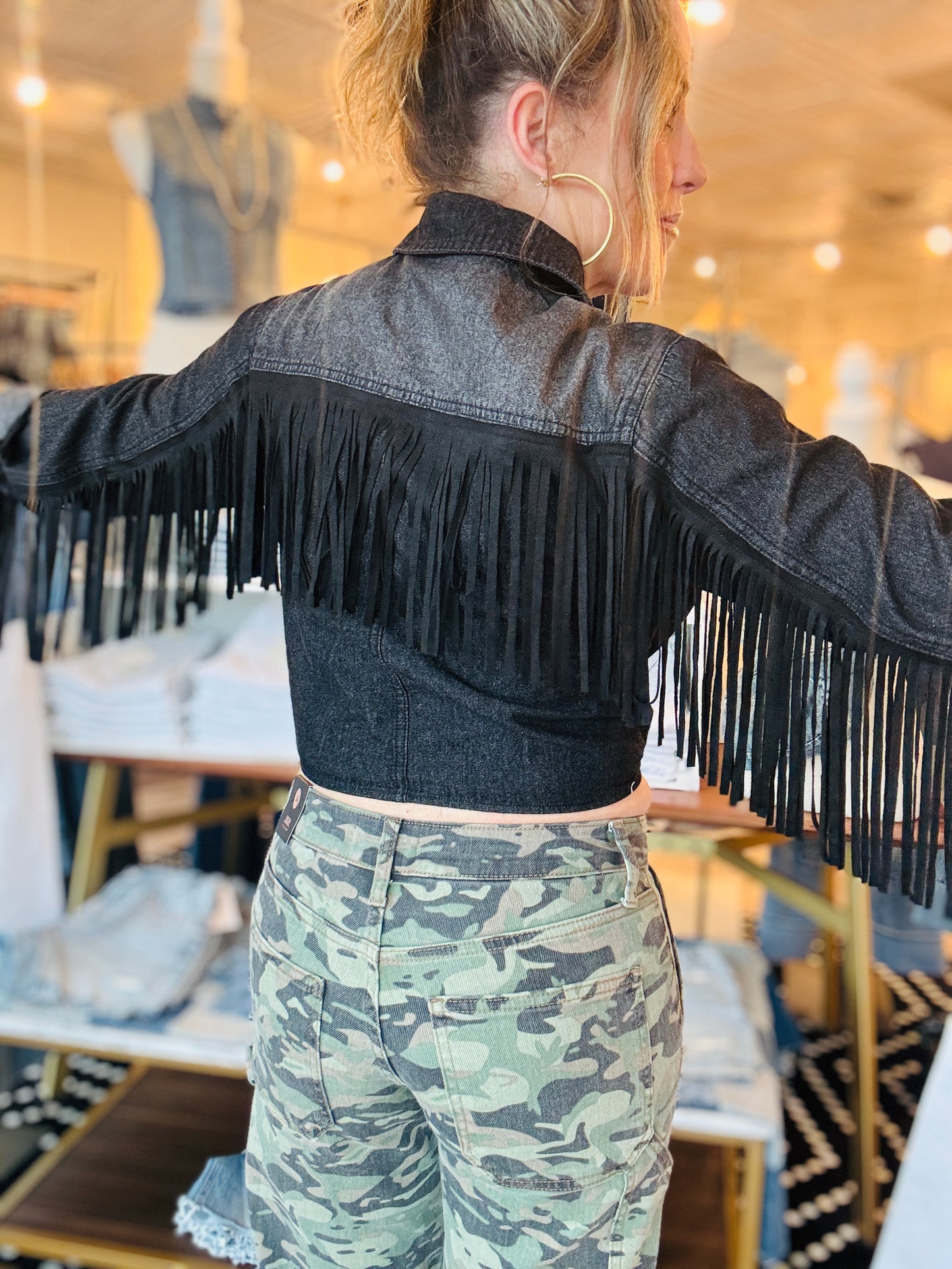 DENIM SILVER STUDDED FRINGE FRONT TIE SHIRT