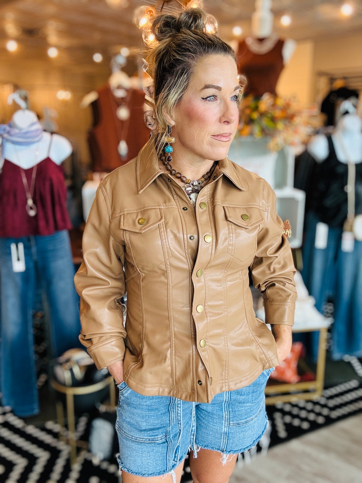 CINCHED SLV FAUX LEATHER PEPLUM SHIRT JACKET
