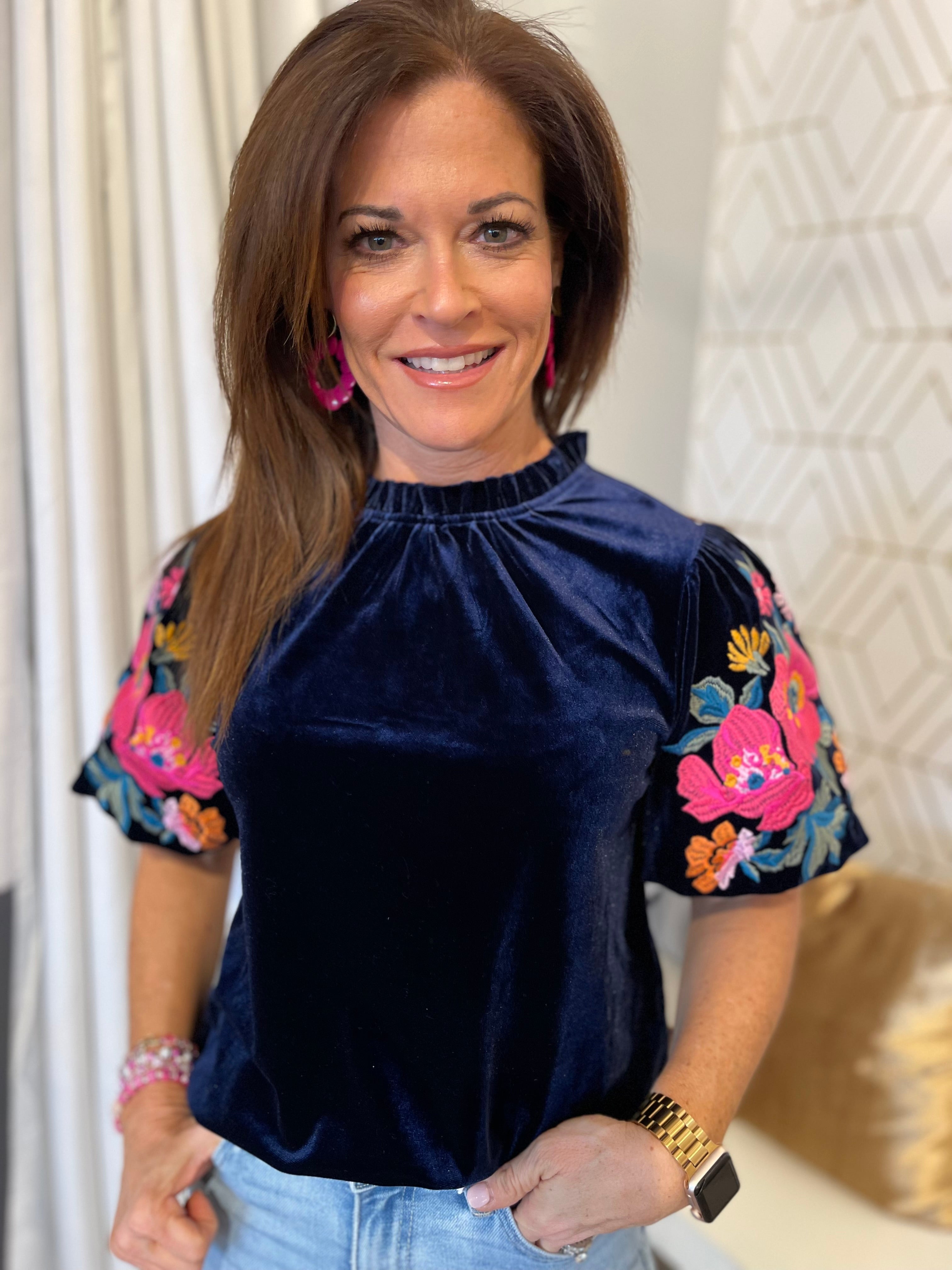 EMBROIDERED PINK FLOWERS PUFF SLEEVE VELVET TOP Apricot Lane Boutique