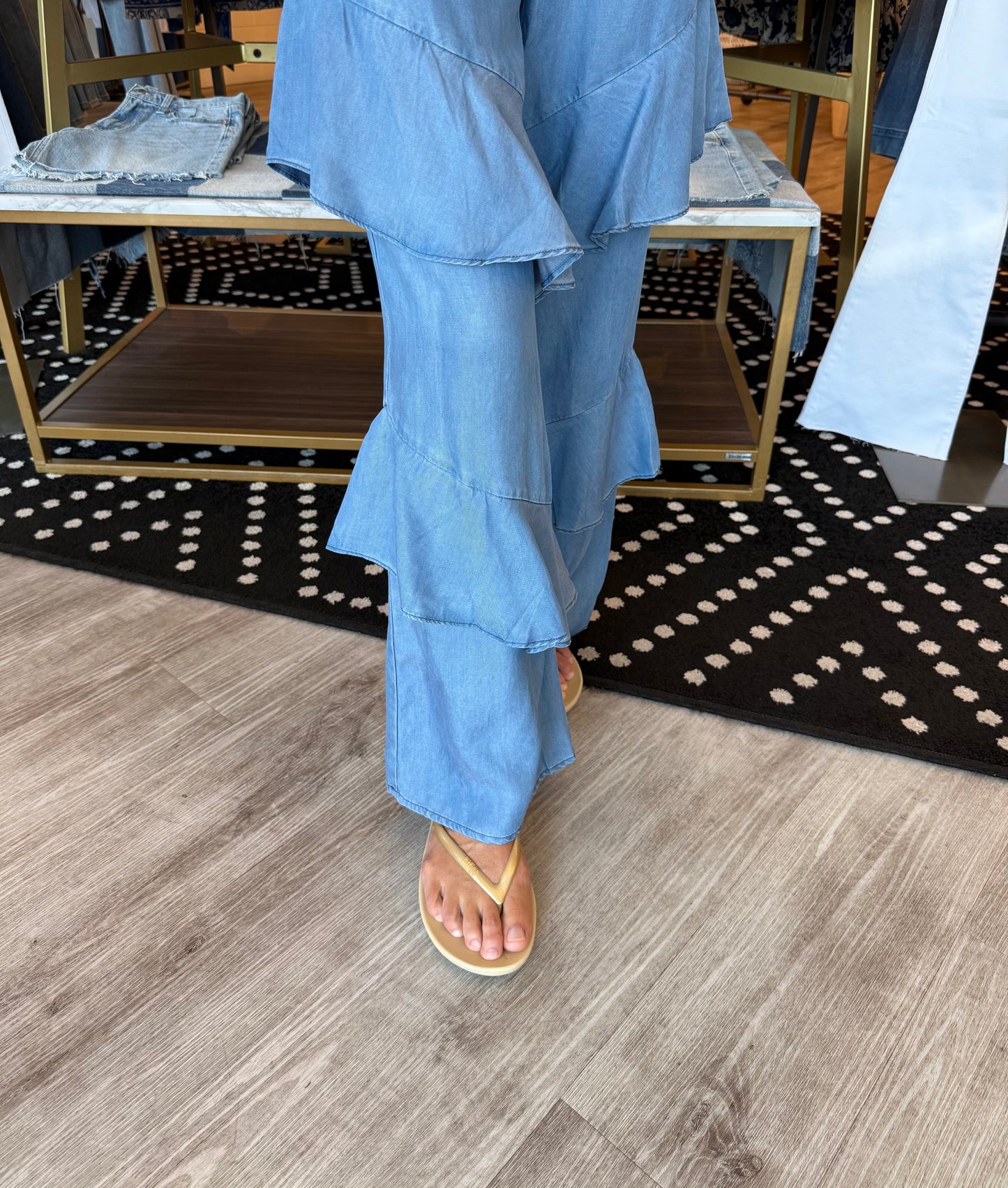 CURRENT AIR CHAMBRAY RUFFLE TIERED BOOTCUT PANTS