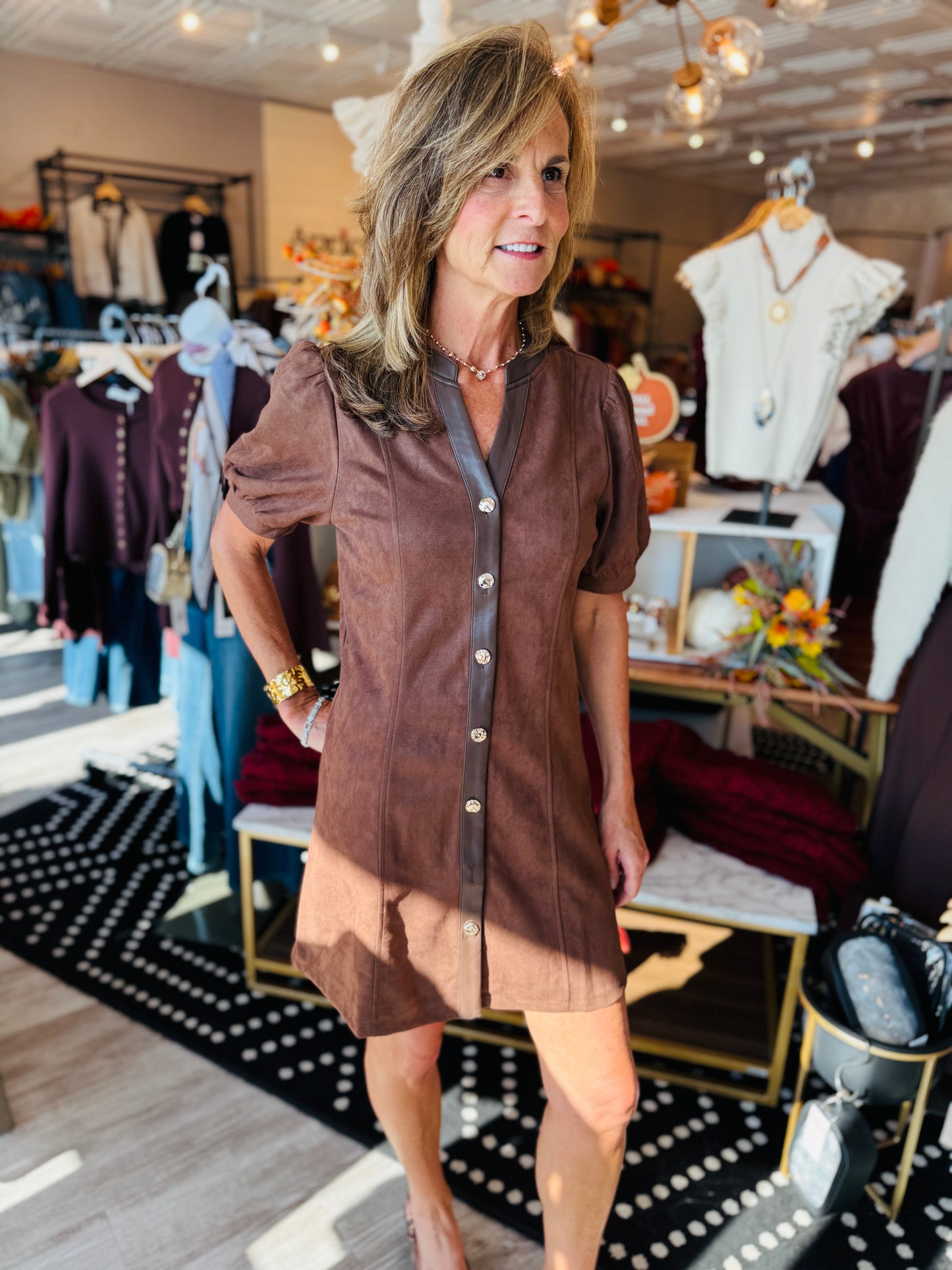 THML PUFF SLV V NECK BUTTON UP SUEDE DRESS