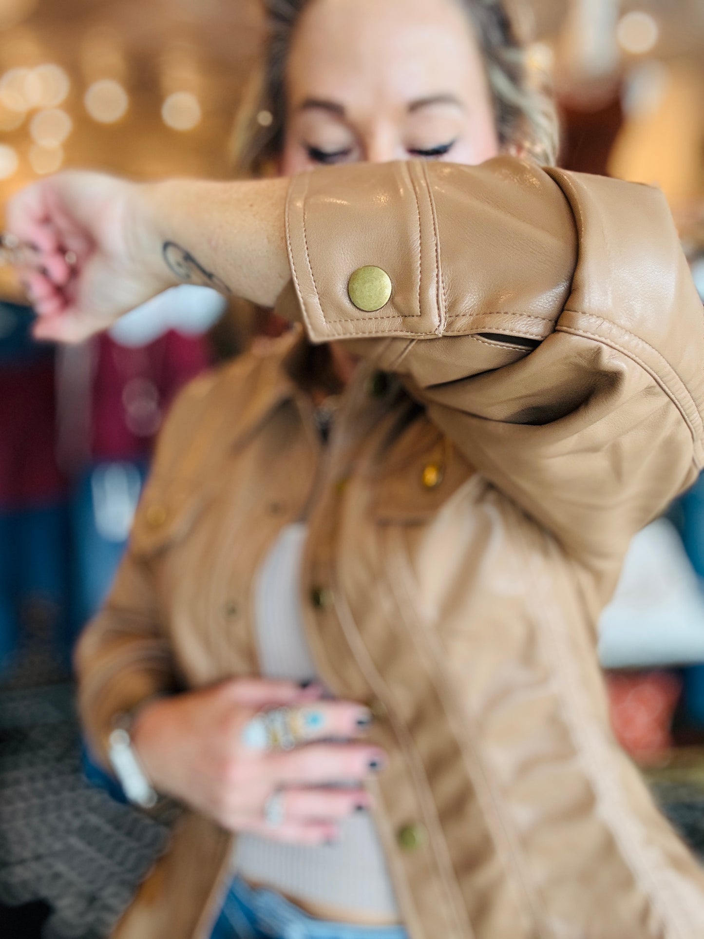 CINCHED SLV FAUX LEATHER PEPLUM SHIRT JACKET