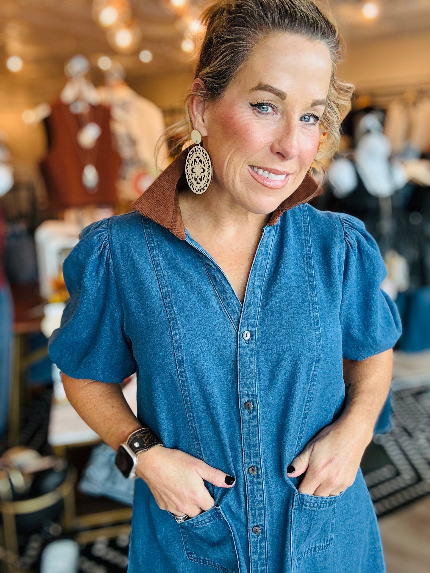 THML CORDUROY COLLAR DENIM DRESS