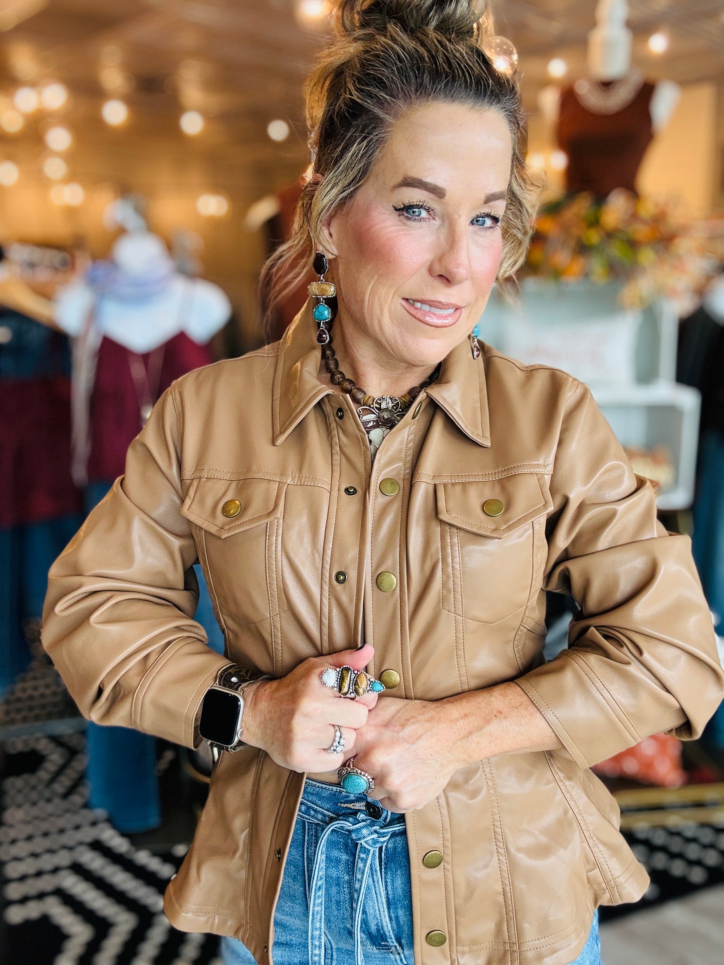 CINCHED SLV FAUX LEATHER PEPLUM SHIRT JACKET