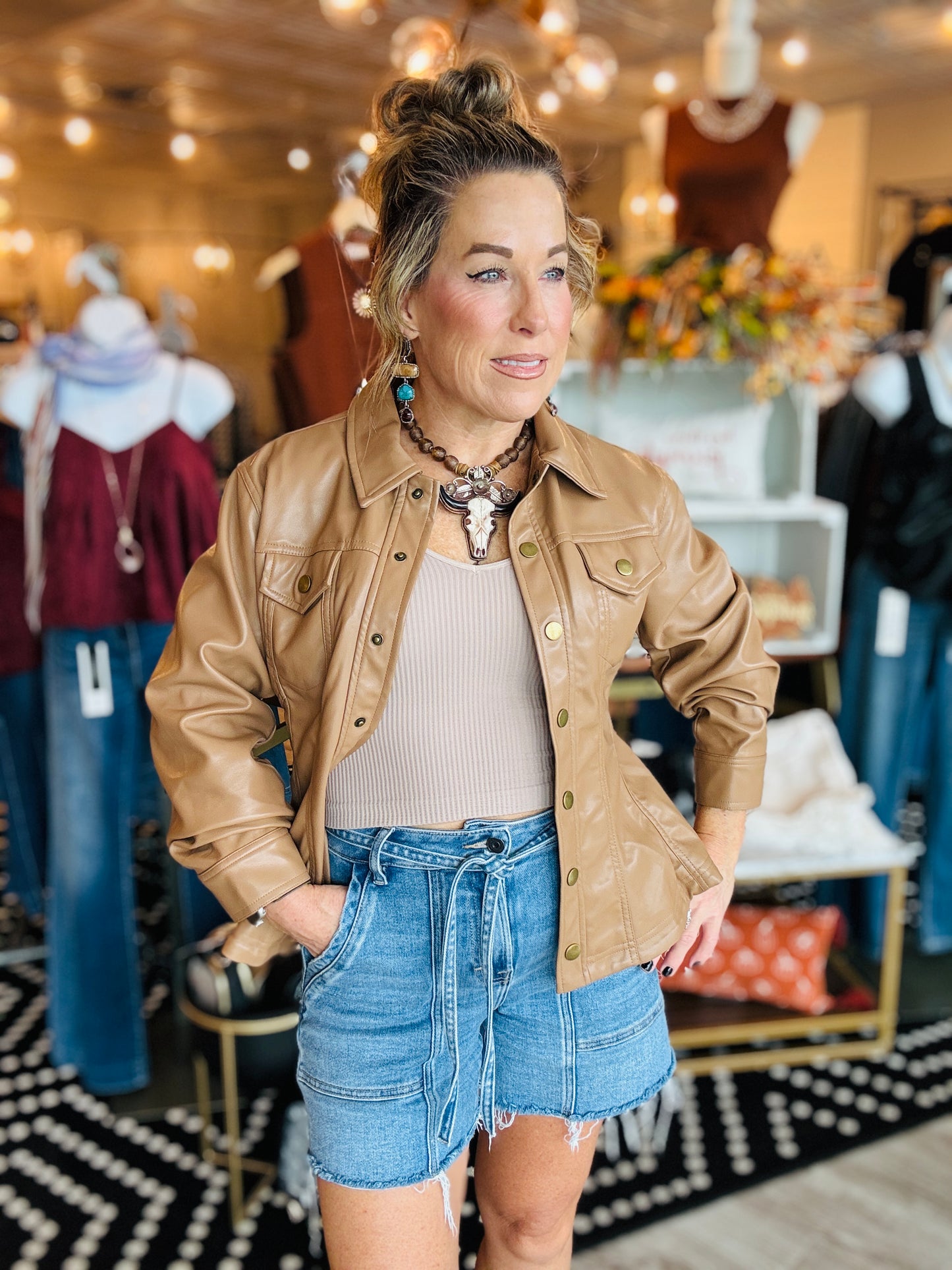 CINCHED SLV FAUX LEATHER PEPLUM SHIRT JACKET