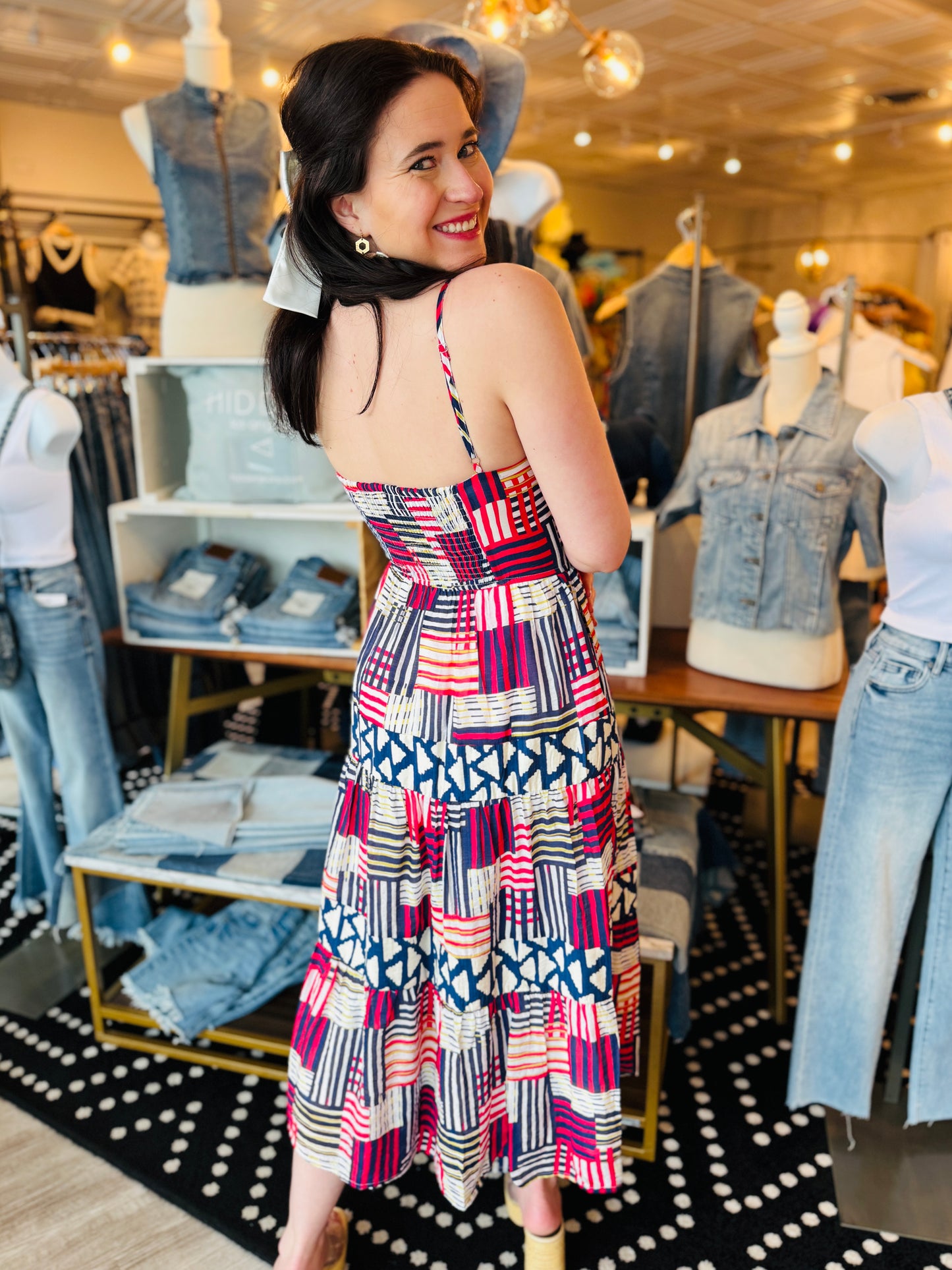 TIERED TANK MULTI STRIPED MIDI DRESS