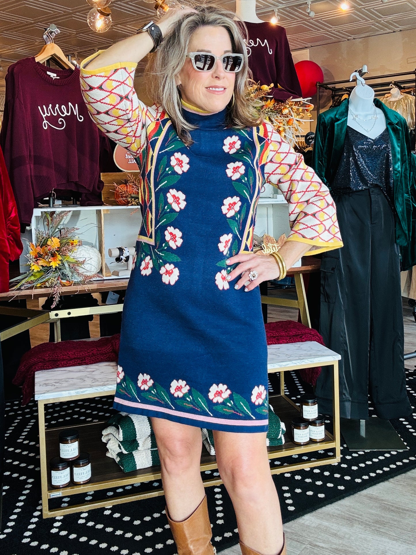 FLORAL AND GEO MOTIF KNIT SWEATER DRESS