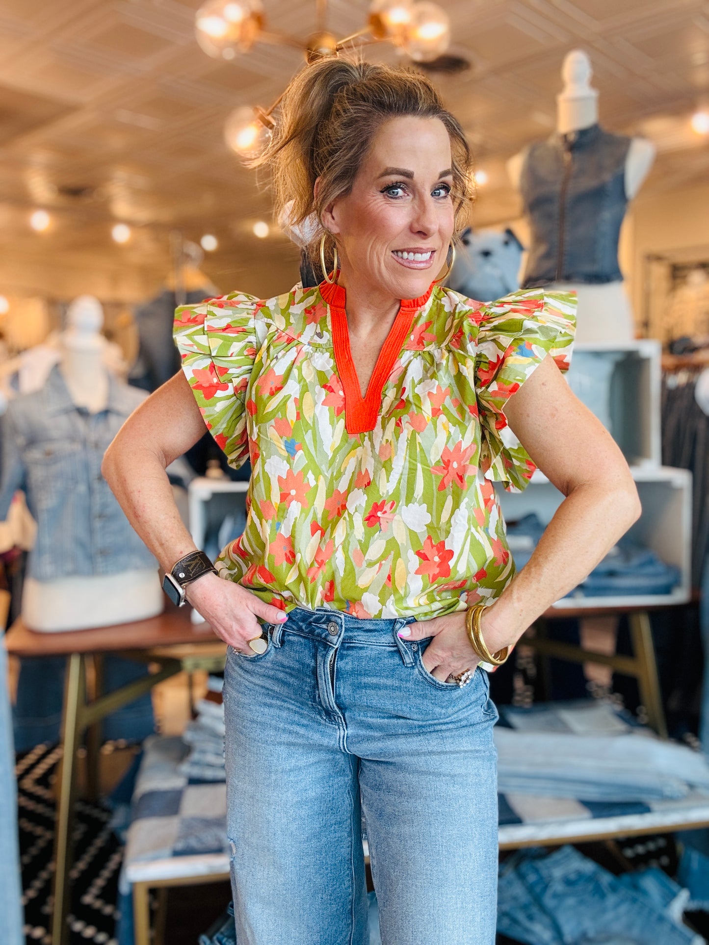 THML FLUTTER SLV FLORAL PRINT TOP