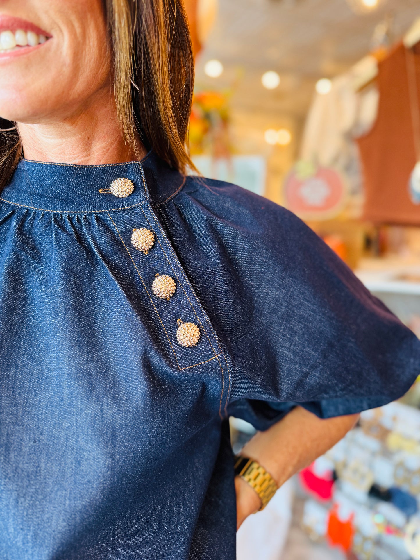 THML PUFF SLV DENIM TOP
