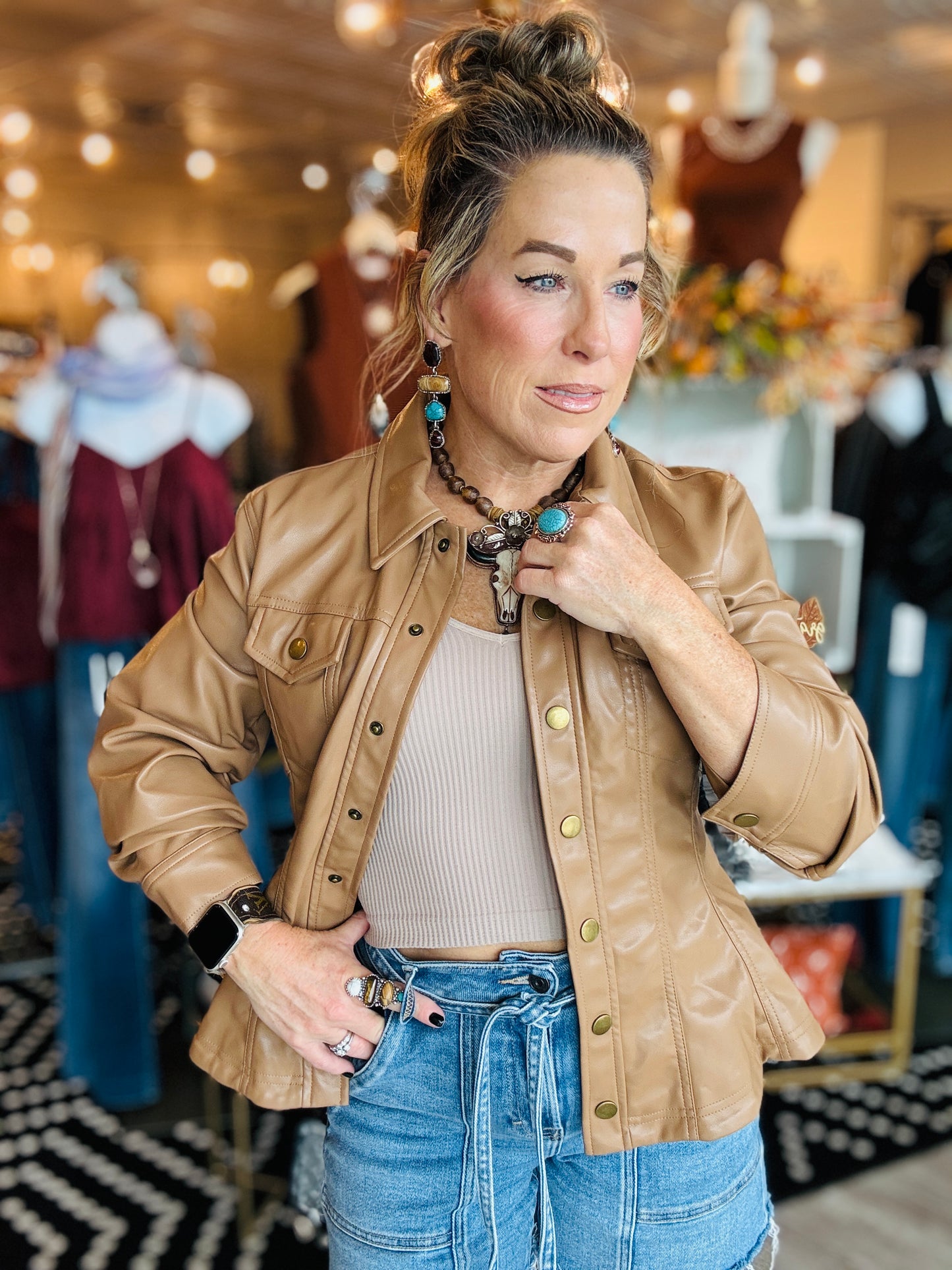 CINCHED SLV FAUX LEATHER PEPLUM SHIRT JACKET