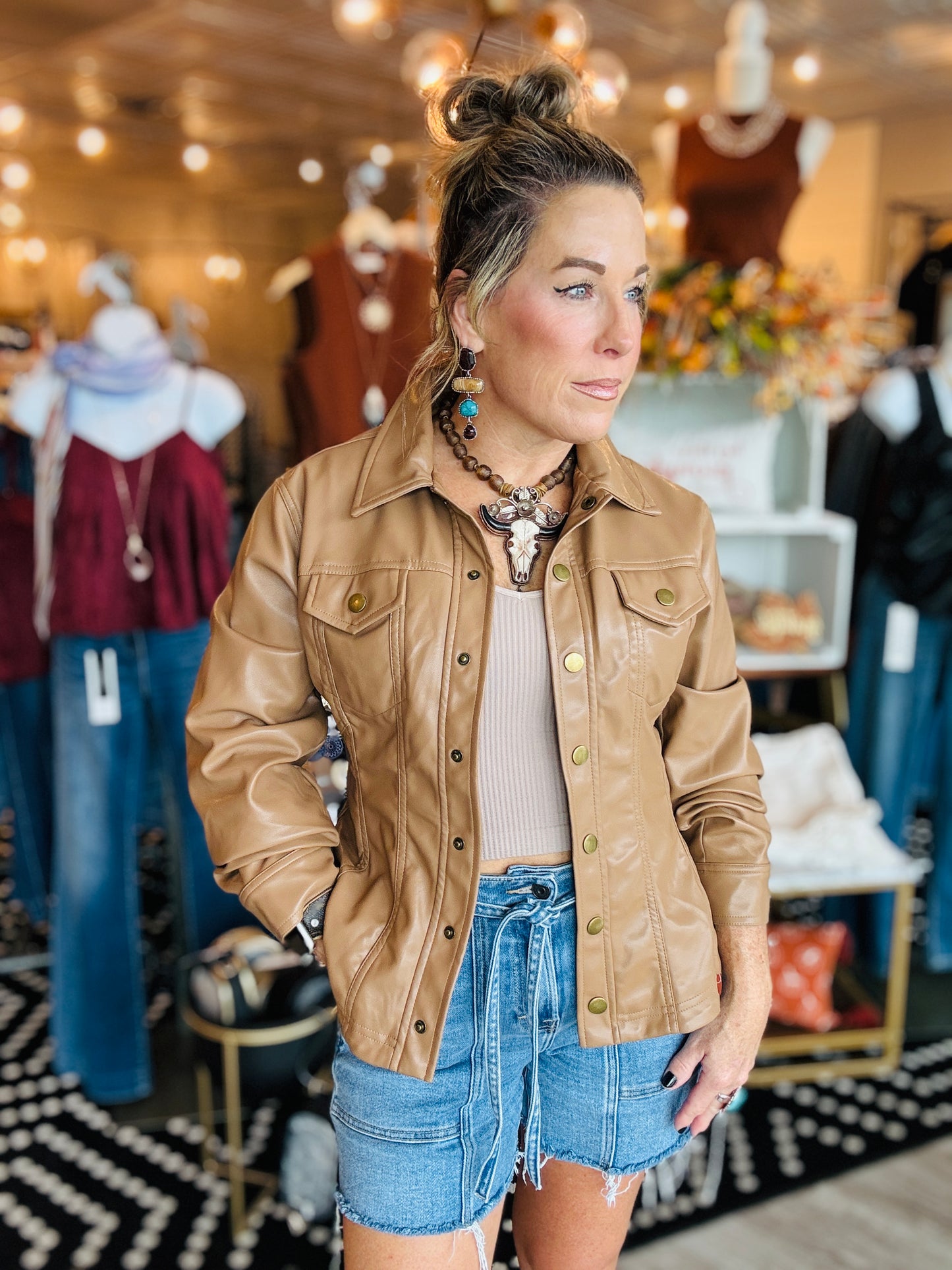 CINCHED SLV FAUX LEATHER PEPLUM SHIRT JACKET