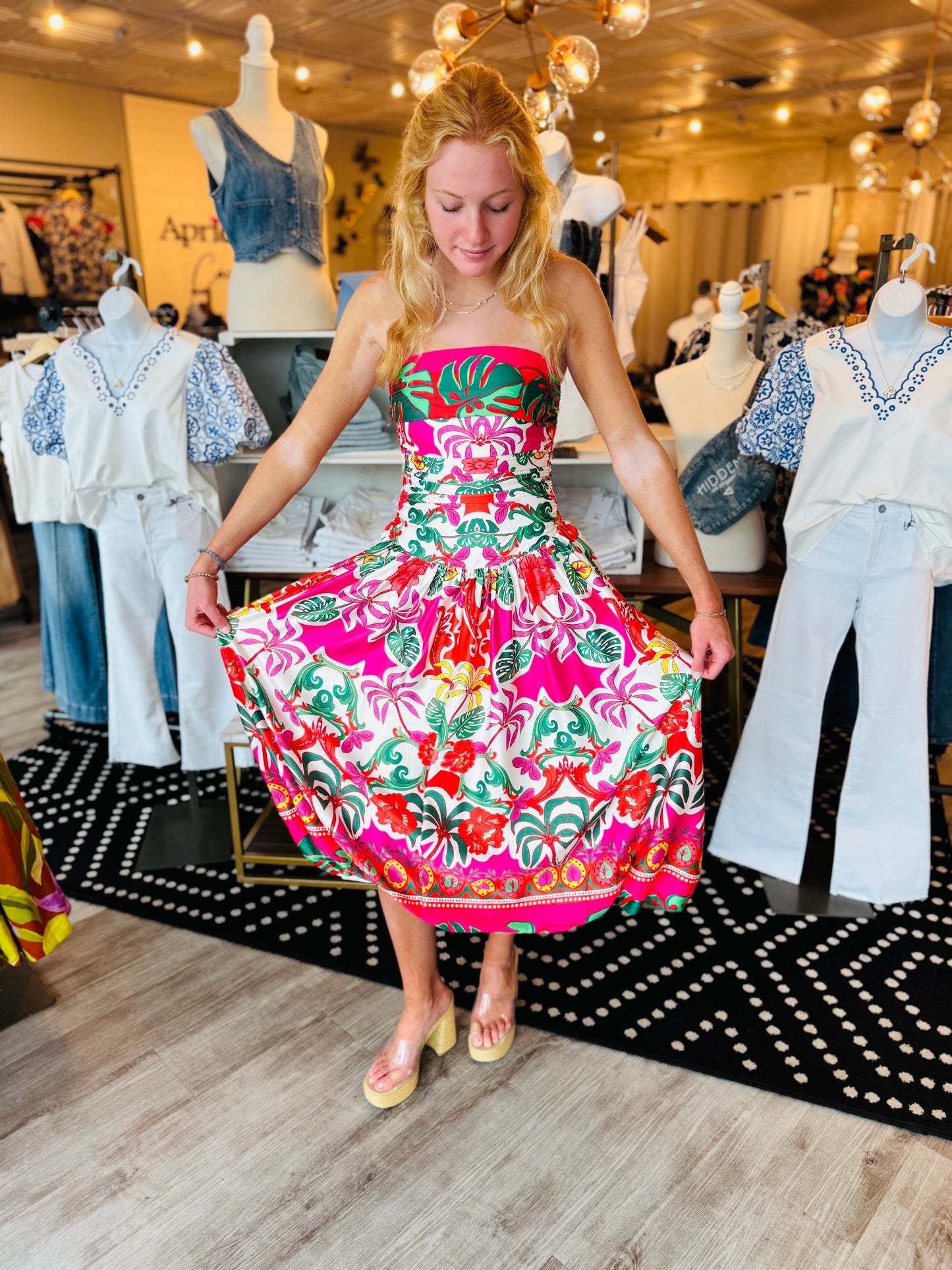 CIEBON TROPICAL PRINT STRAPLESS MAXI DRESS