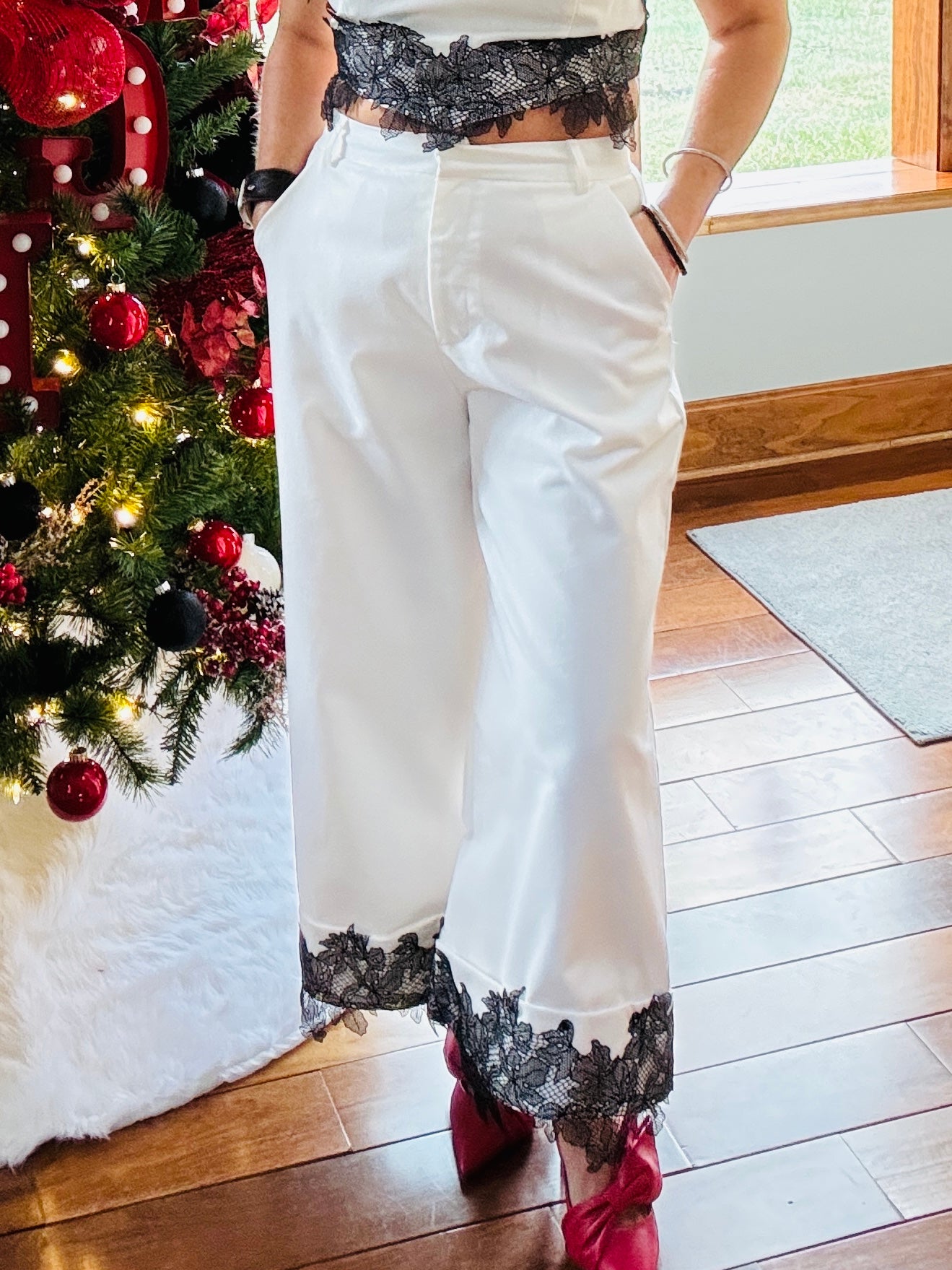 LACE TRIM WIDE LEG TROUSER PANTS