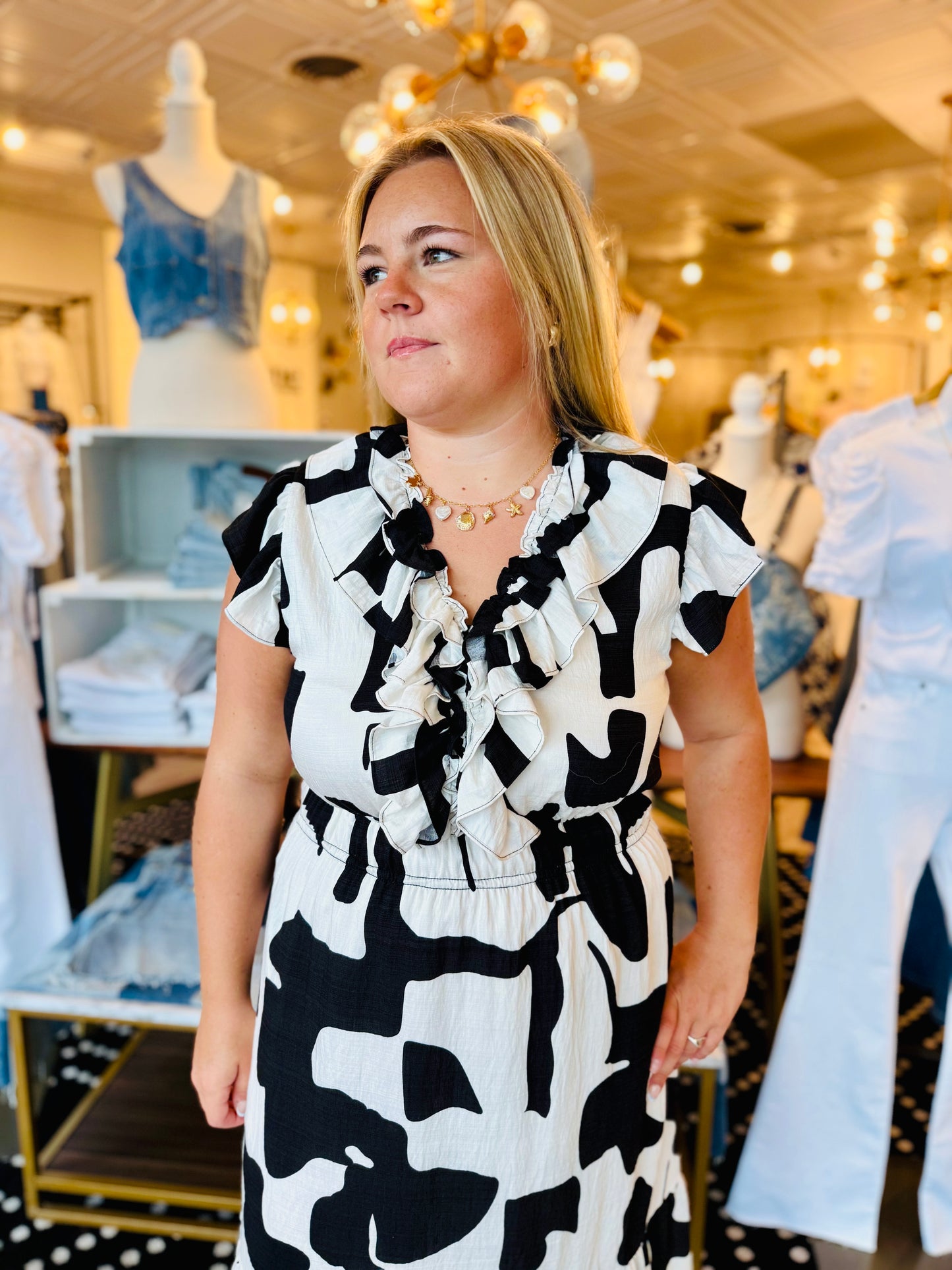 THML ABSTRACT PRINT FLUTTER SLV DRESS