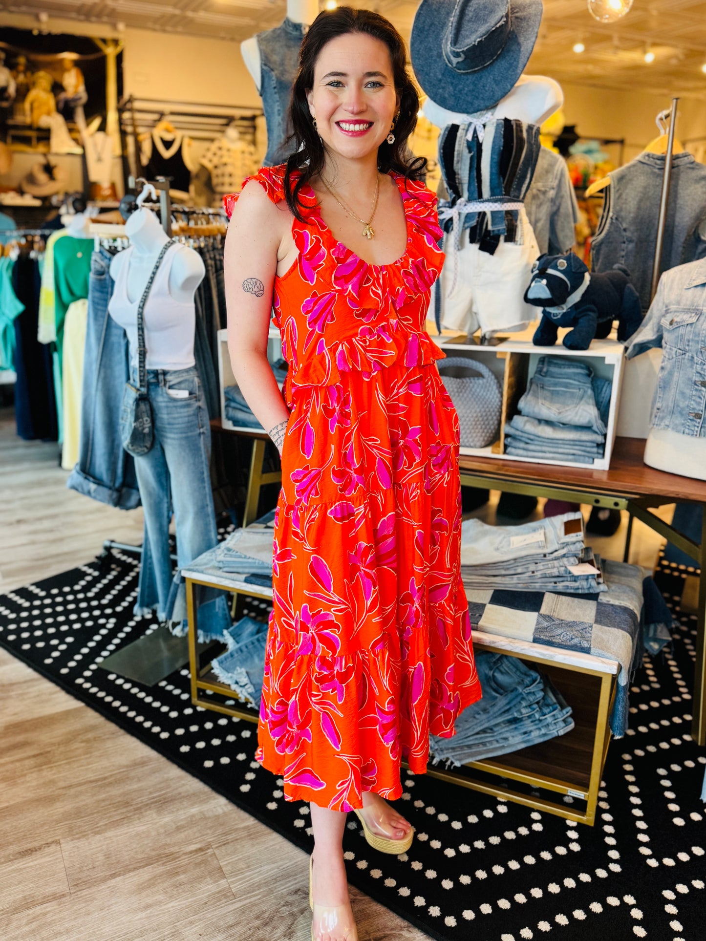 THML FLORAL FLUTTER SLV MIDI DRESS