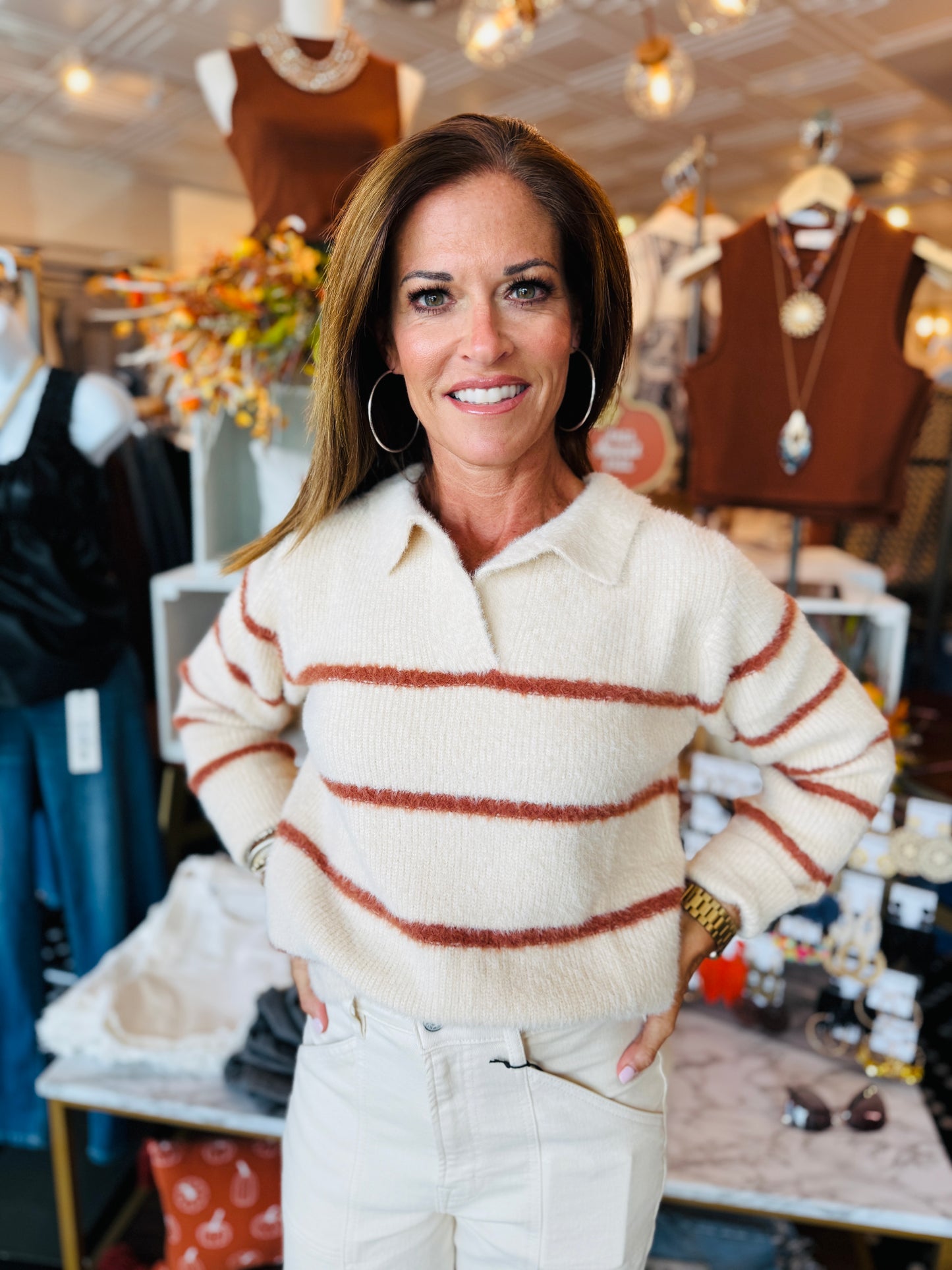 EYELASH YARN COLLARED STRIPED SWEATER