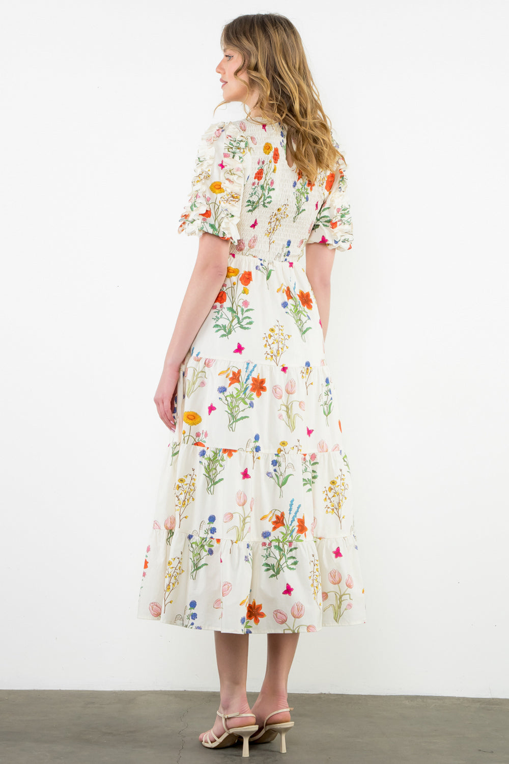 PUFF SLV SMOCKED CHEST FLORAL MAXI DRESS