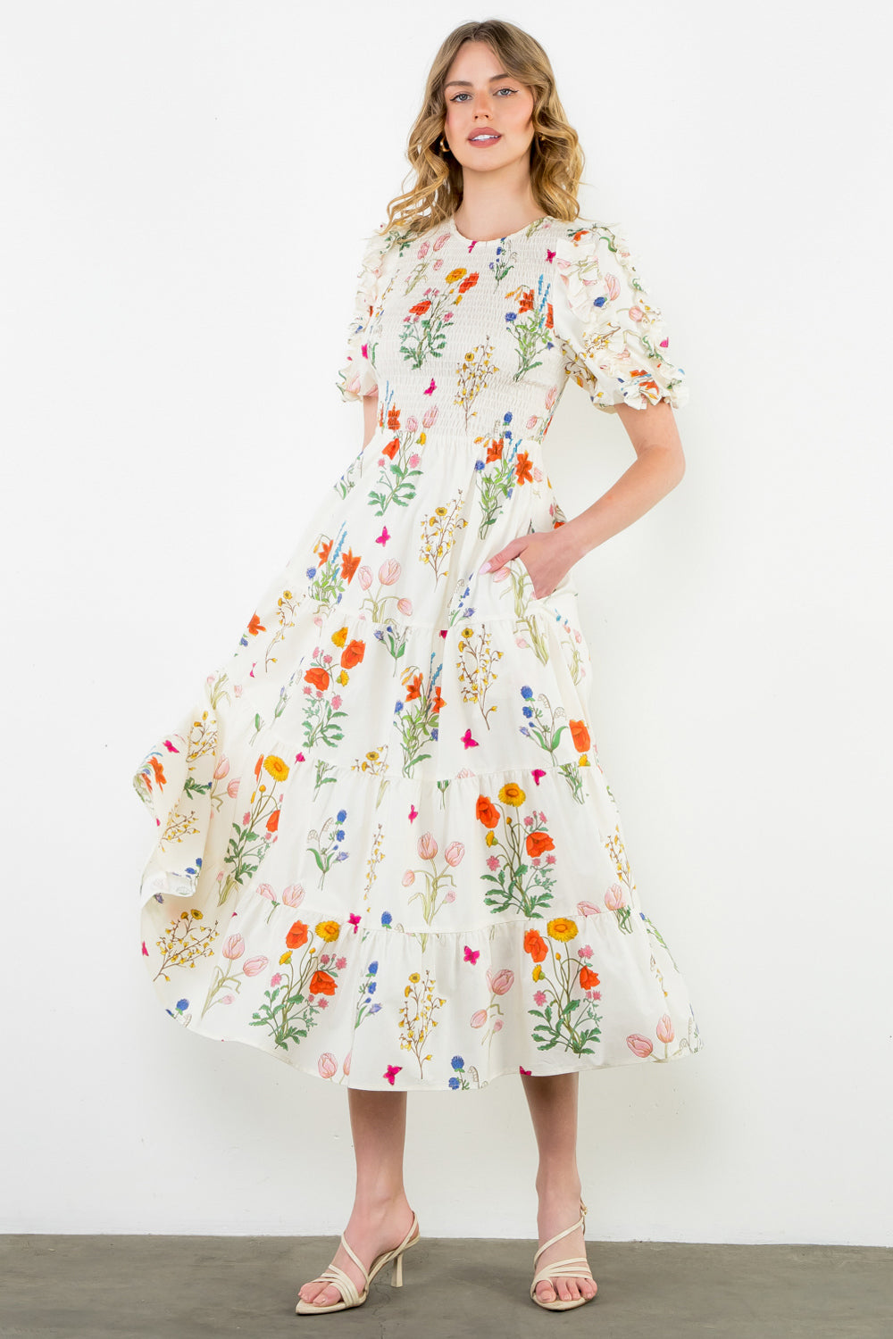PUFF SLV SMOCKED CHEST FLORAL MAXI DRESS