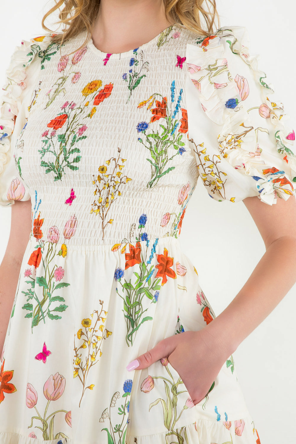 PUFF SLV SMOCKED CHEST FLORAL MAXI DRESS