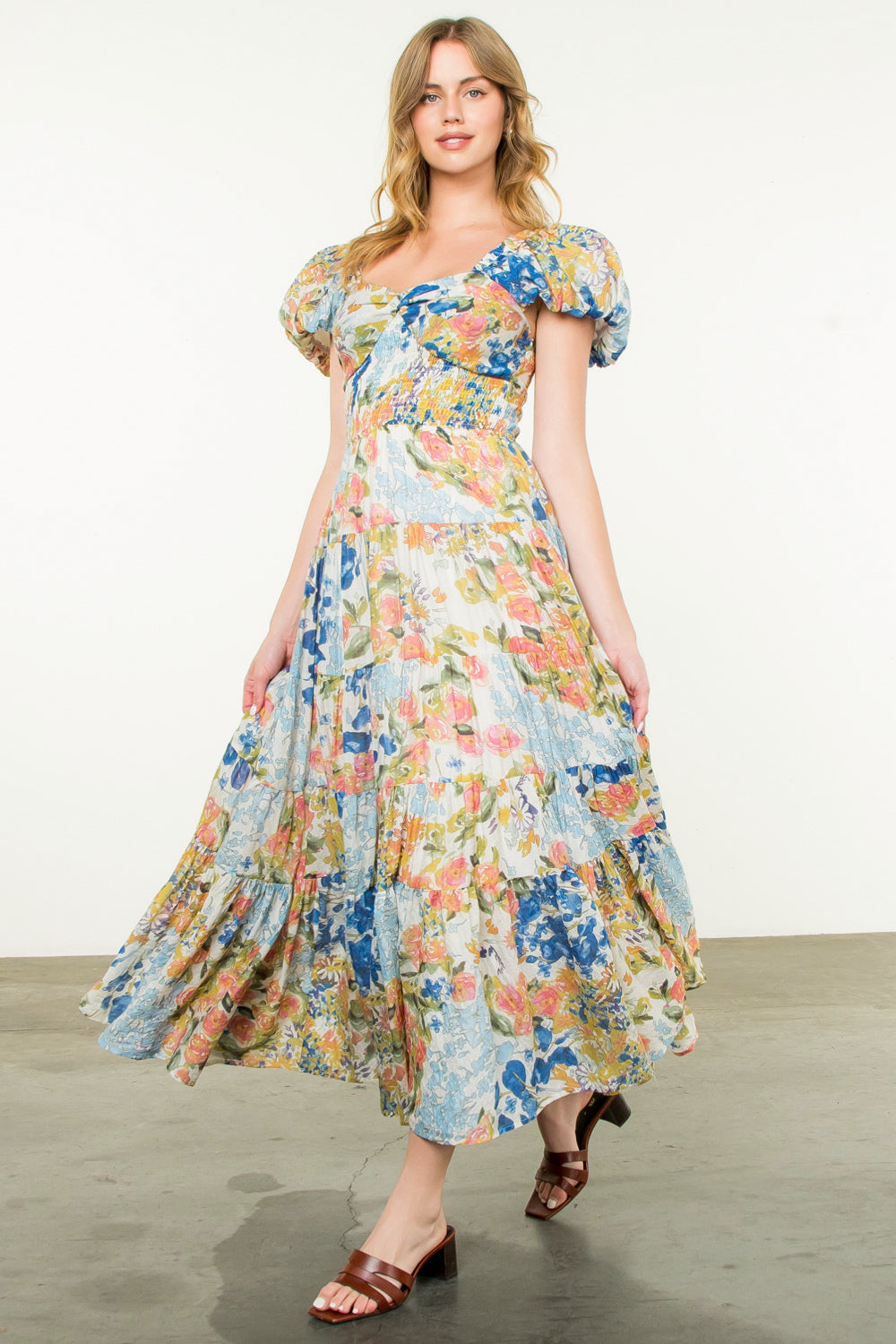 THML PUFF SLV FLORAL TIERED MAXI DRESS
