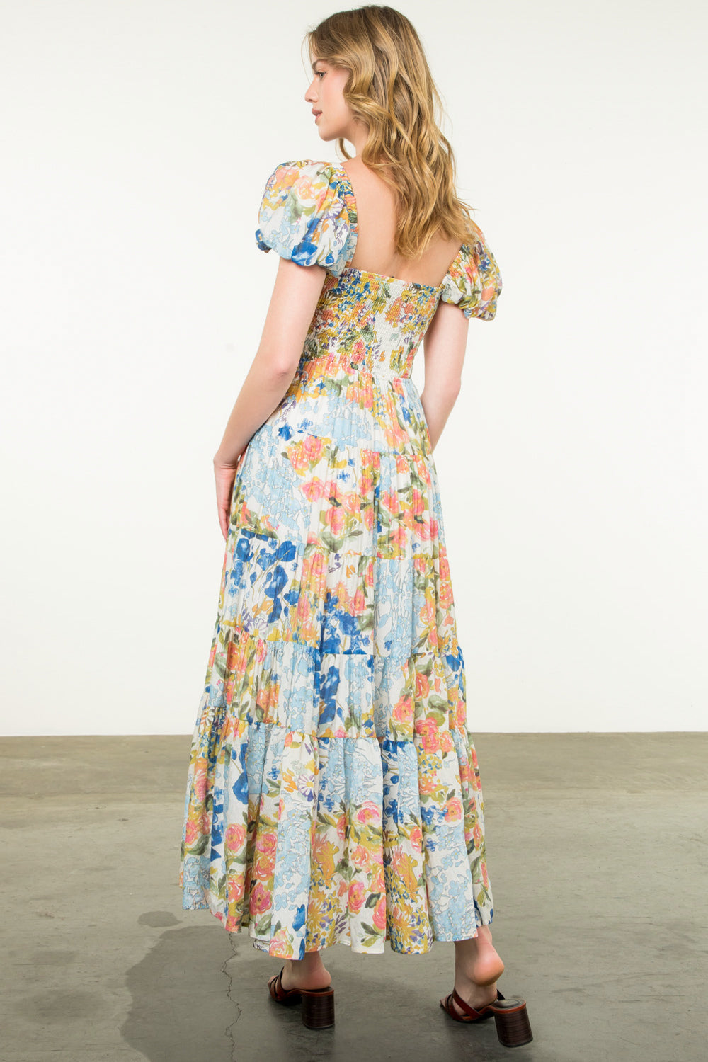 THML PUFF SLV FLORAL TIERED MAXI DRESS