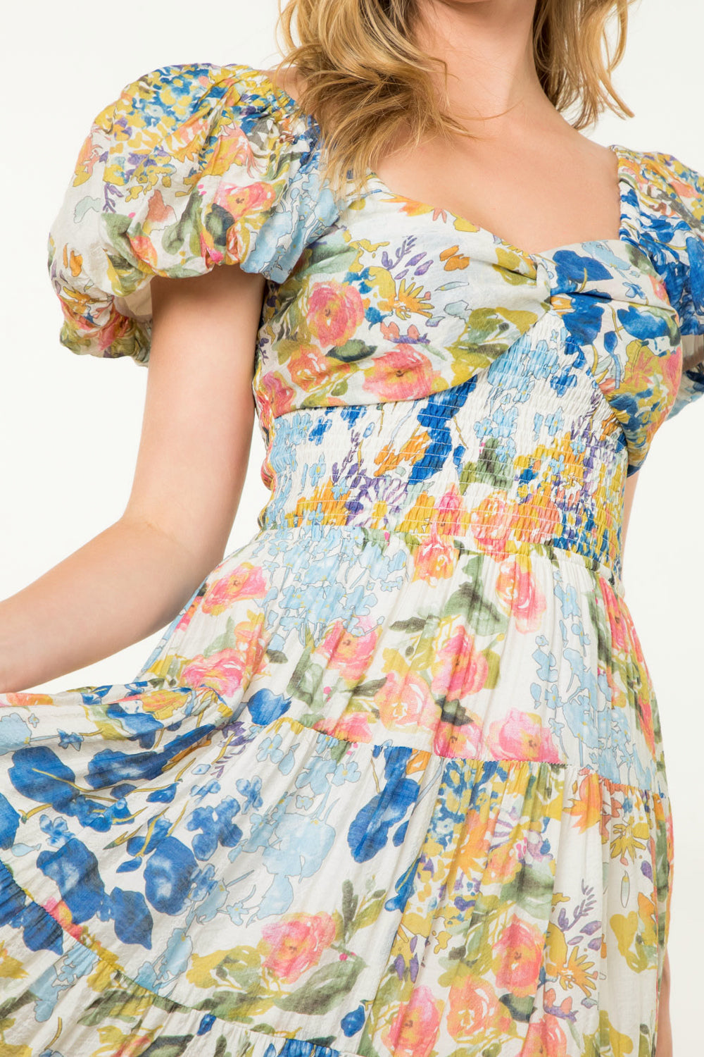 THML PUFF SLV FLORAL TIERED MAXI DRESS