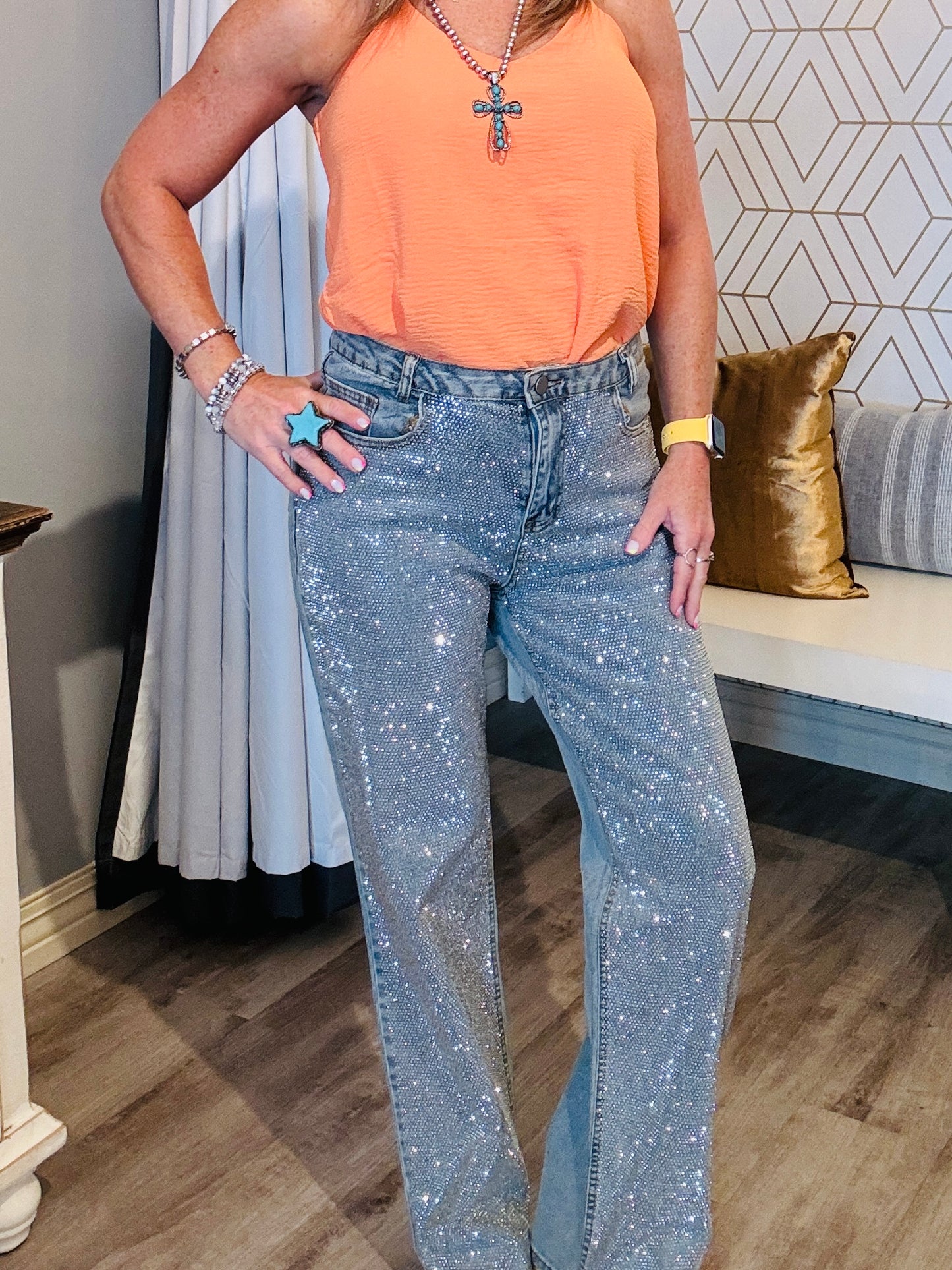 RHINESTONE STUD DENIM JEANS