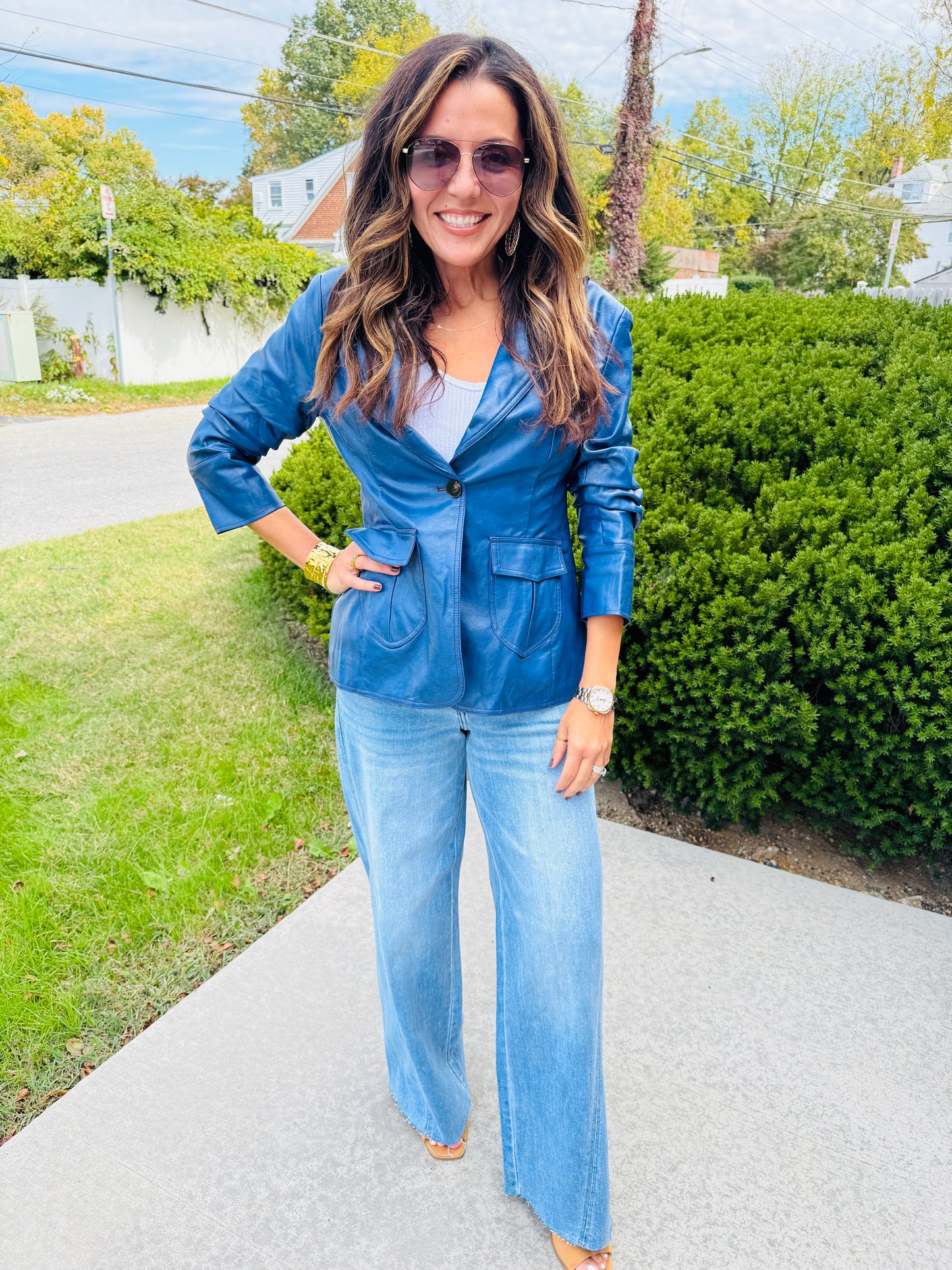 SCRUNCHED SLV FAUX LEATHER BLAZER