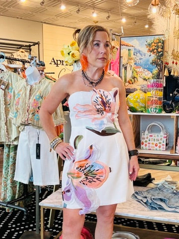 STRAPLESS 3D FLORAL W/BEAD DETAIL MINI DRESS