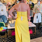 YELLOW RETRO TUBE TOP DRESS W 3D FLORAL