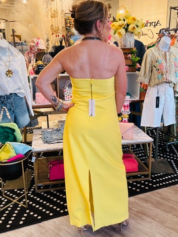 YELLOW RETRO TUBE TOP DRESS W 3D FLORAL
