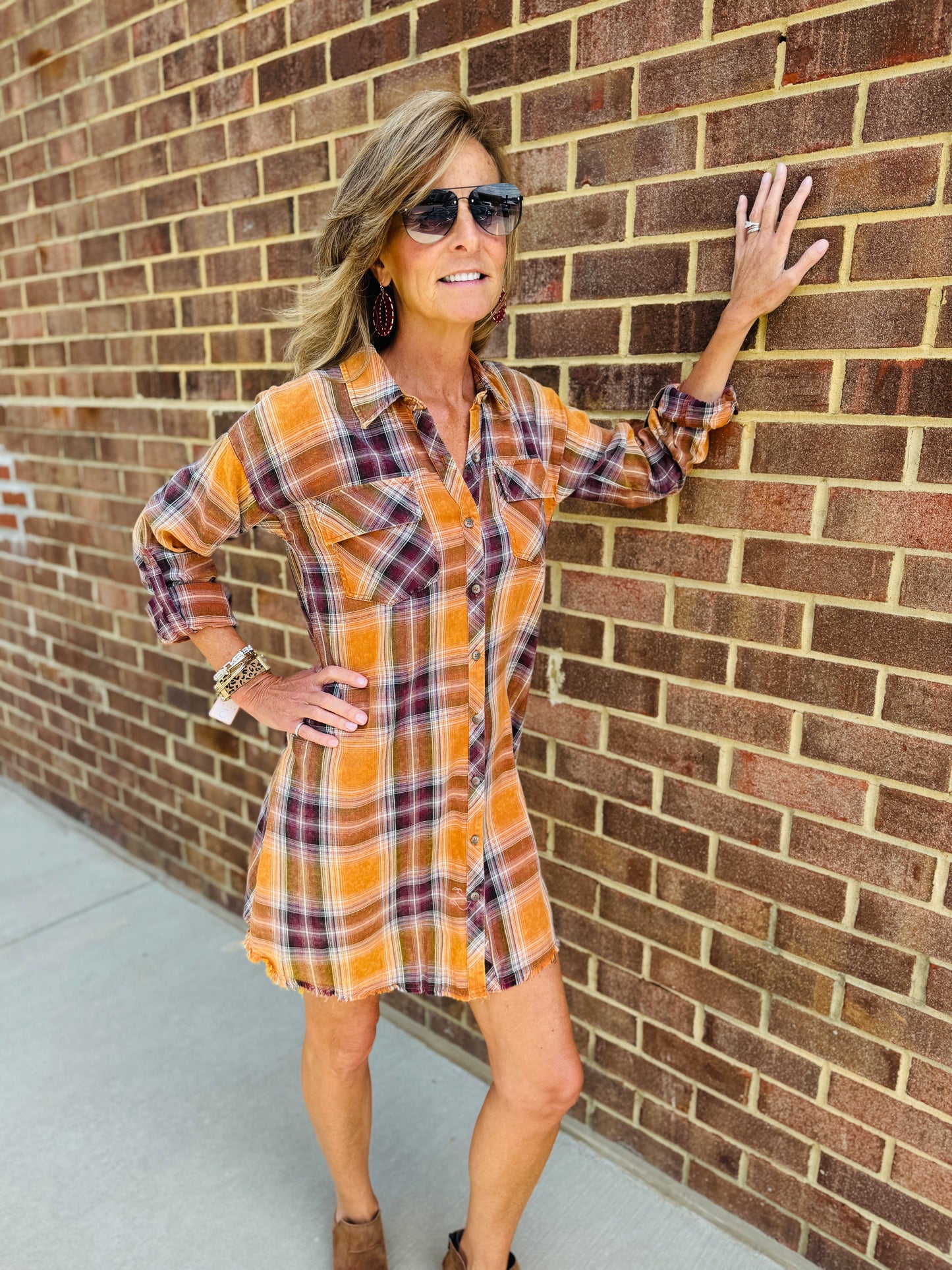 ROLLED UP SLV WASHED PLAID SHIRT DRESS