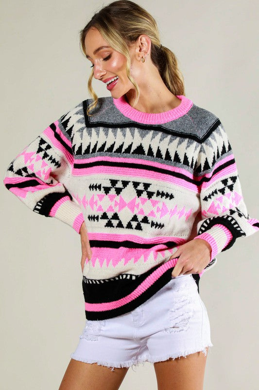 CREW NECK AZTEC PATTERN KNIT SWEATER