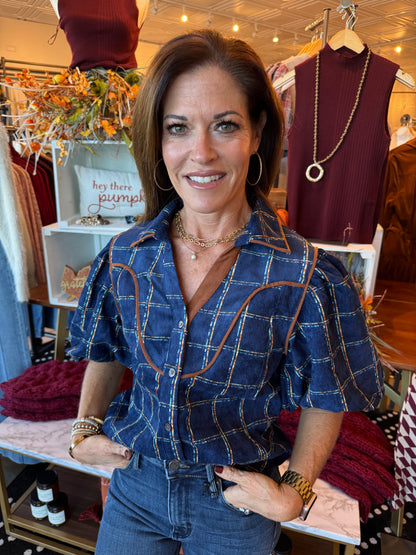 THML PUFF SLV PLAID CORDUROY TOP