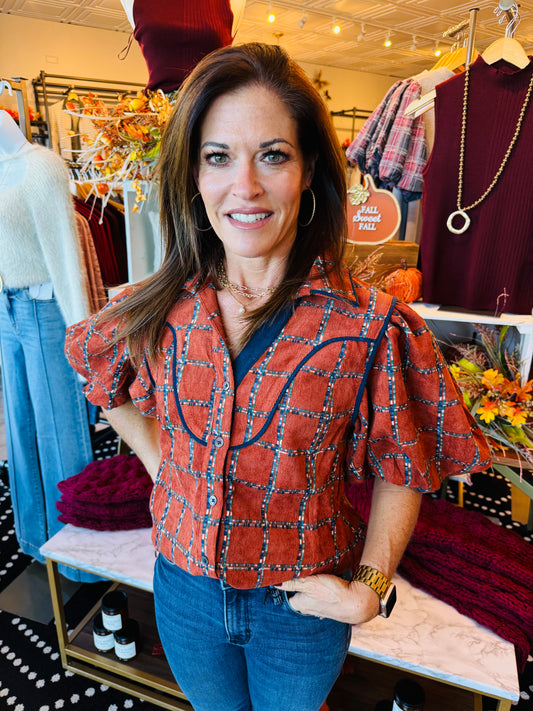 THML PUFF SLV PLAID CORDUROY TOP