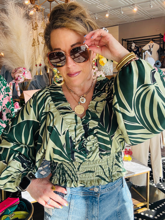 CIEBON LEAF PRINTED SMOCKING DETAIL TOP