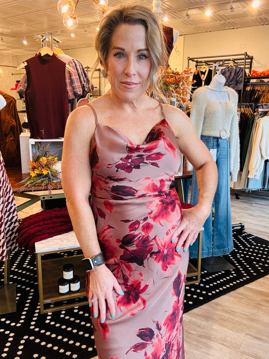 COWL NECK ADJUSTABLE MIDI SLIP DRESS