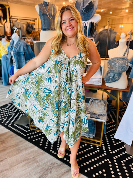 TROPICAL PRINT HANDKERCHIEF TANK DRESS