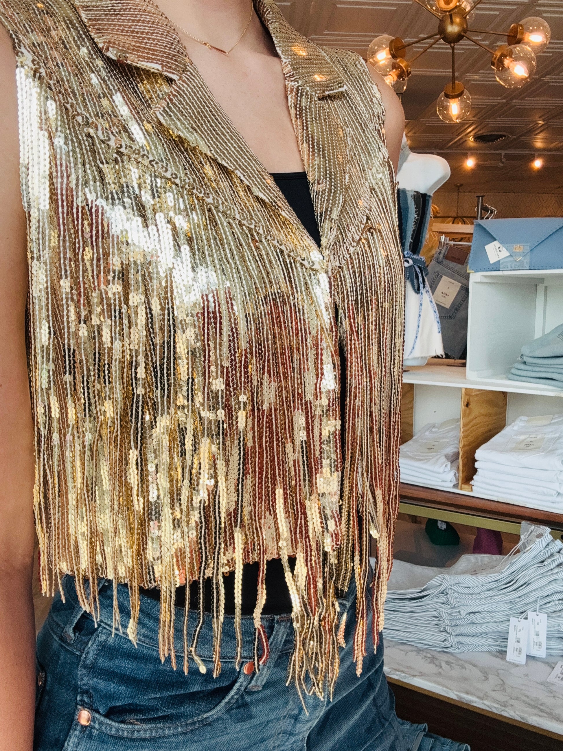 FRINGE SEQUIN COLLARED VEST